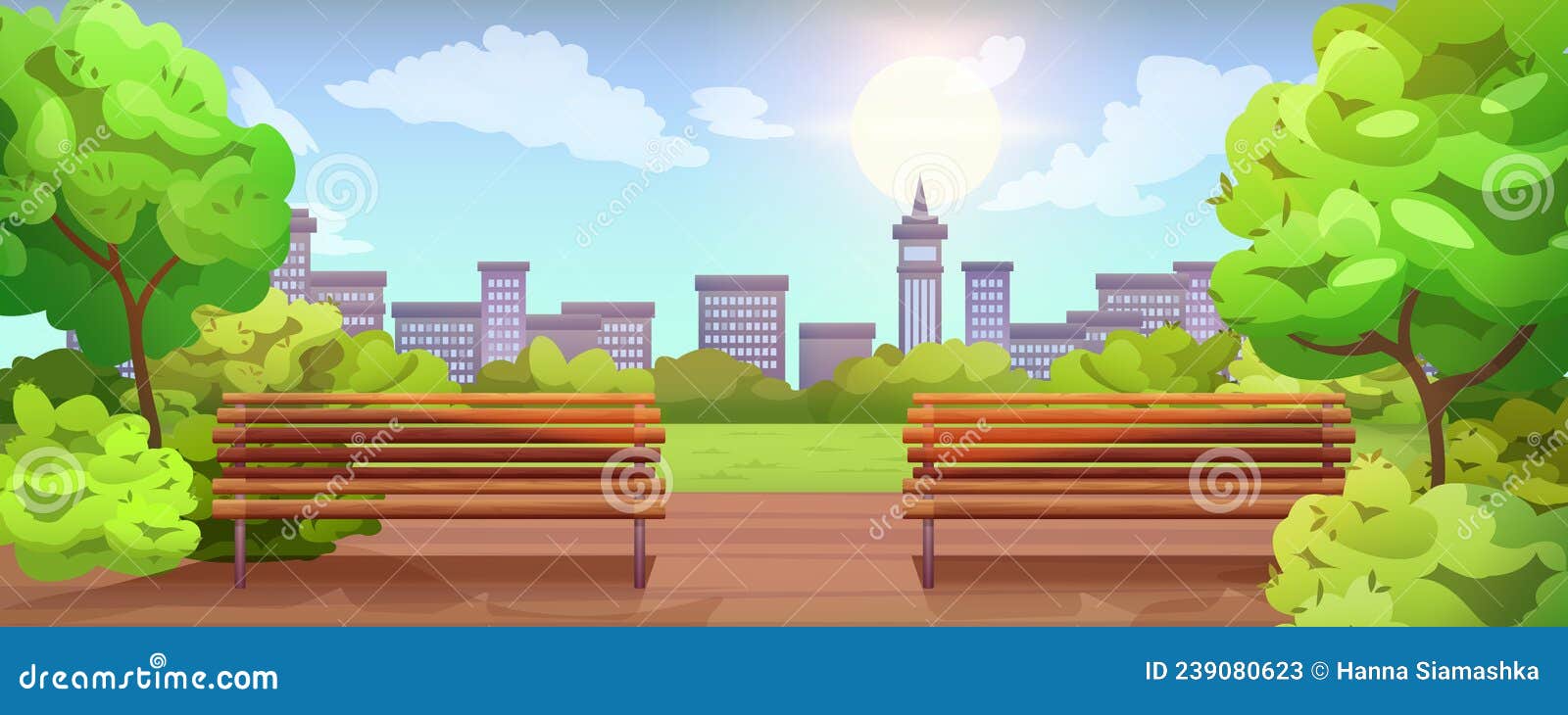 Cartoon Empty City Park with Wooden Bench and Lanterns Stock ...