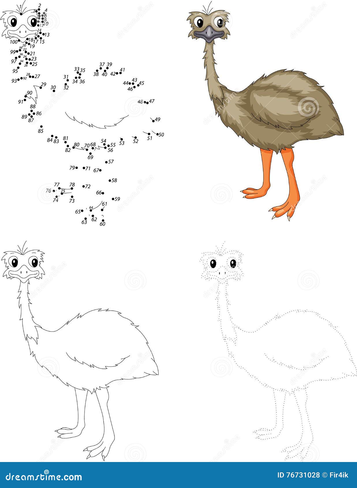 cartoon emu. dot to dot game for kids