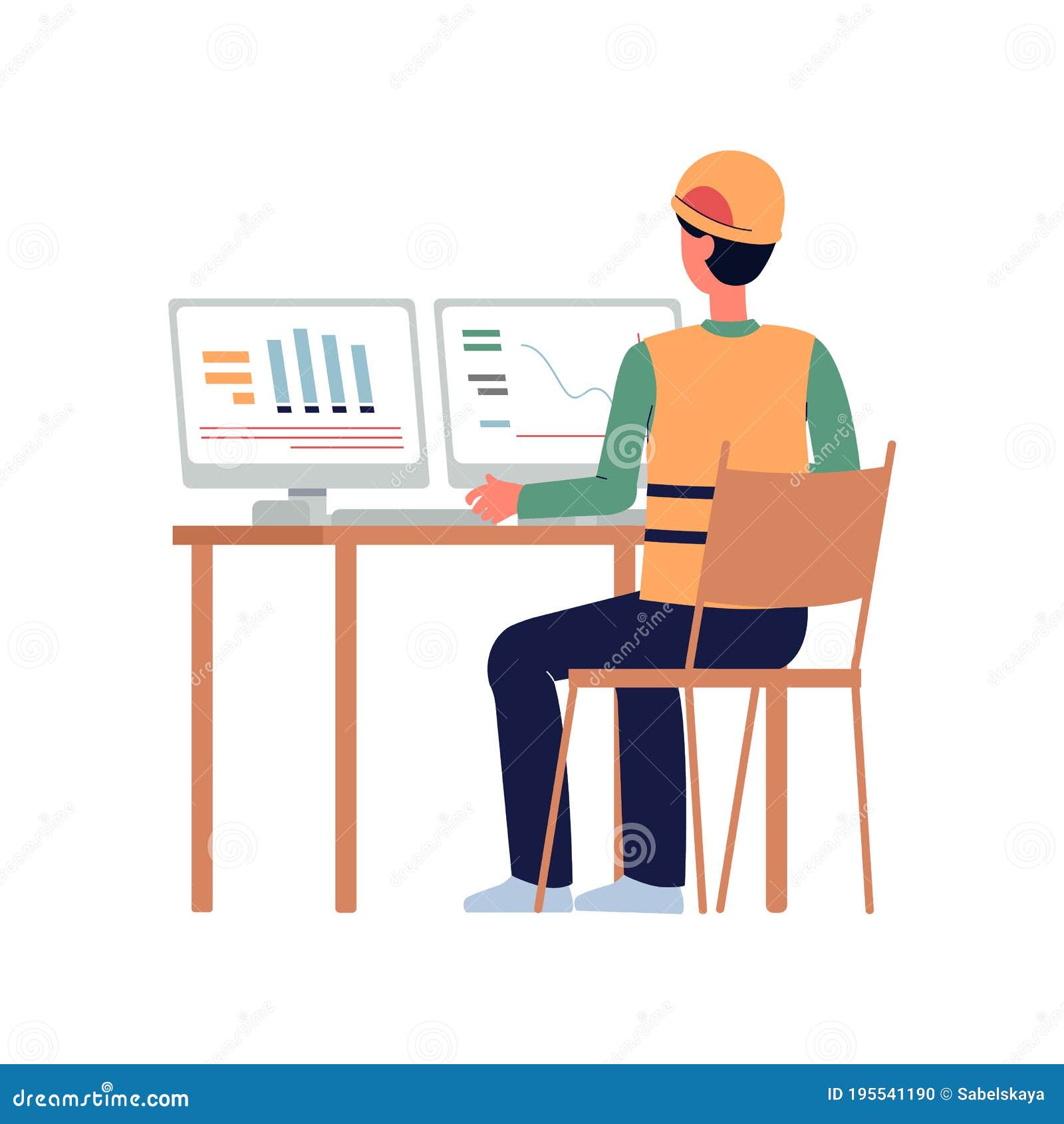 Cartoon Engineer or Construction Worker Looking at Computer Screens Stock  Vector - Illustration of industry, industrial: 195541190
