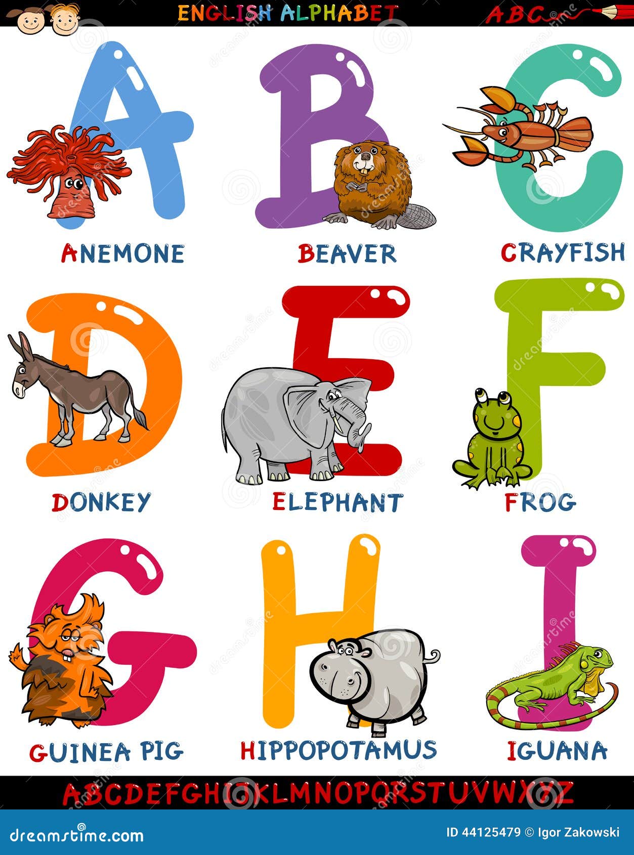 Cartoon English Alphabet with Animals Stock Vector - Illustration of  graphic, animals: 44125479