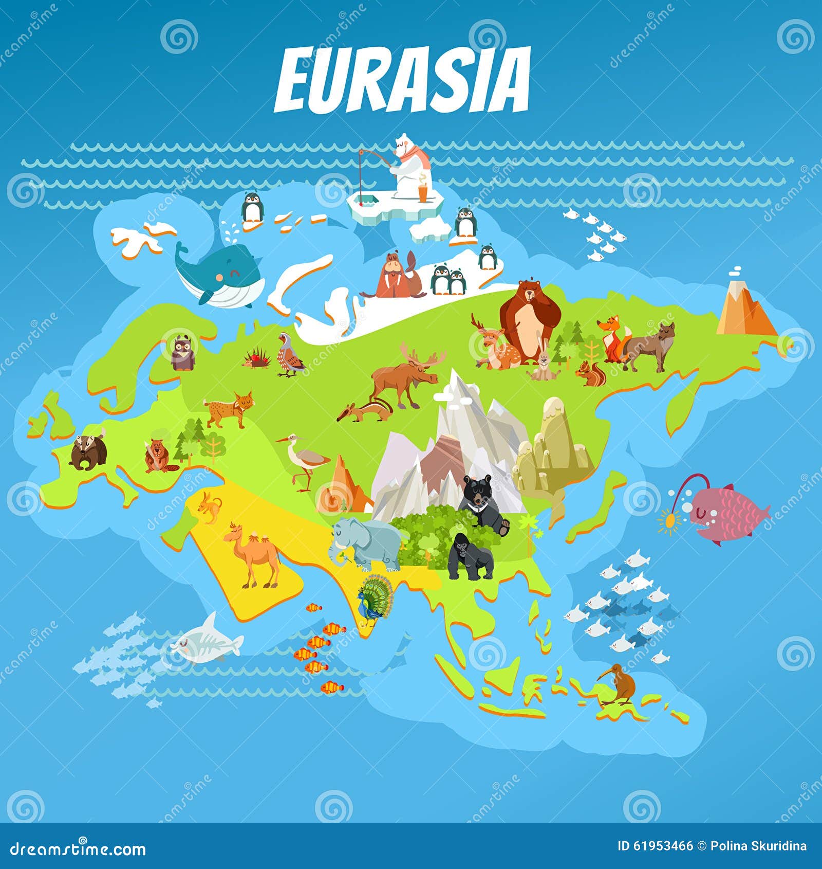 cartoon eurasia continent map with animals