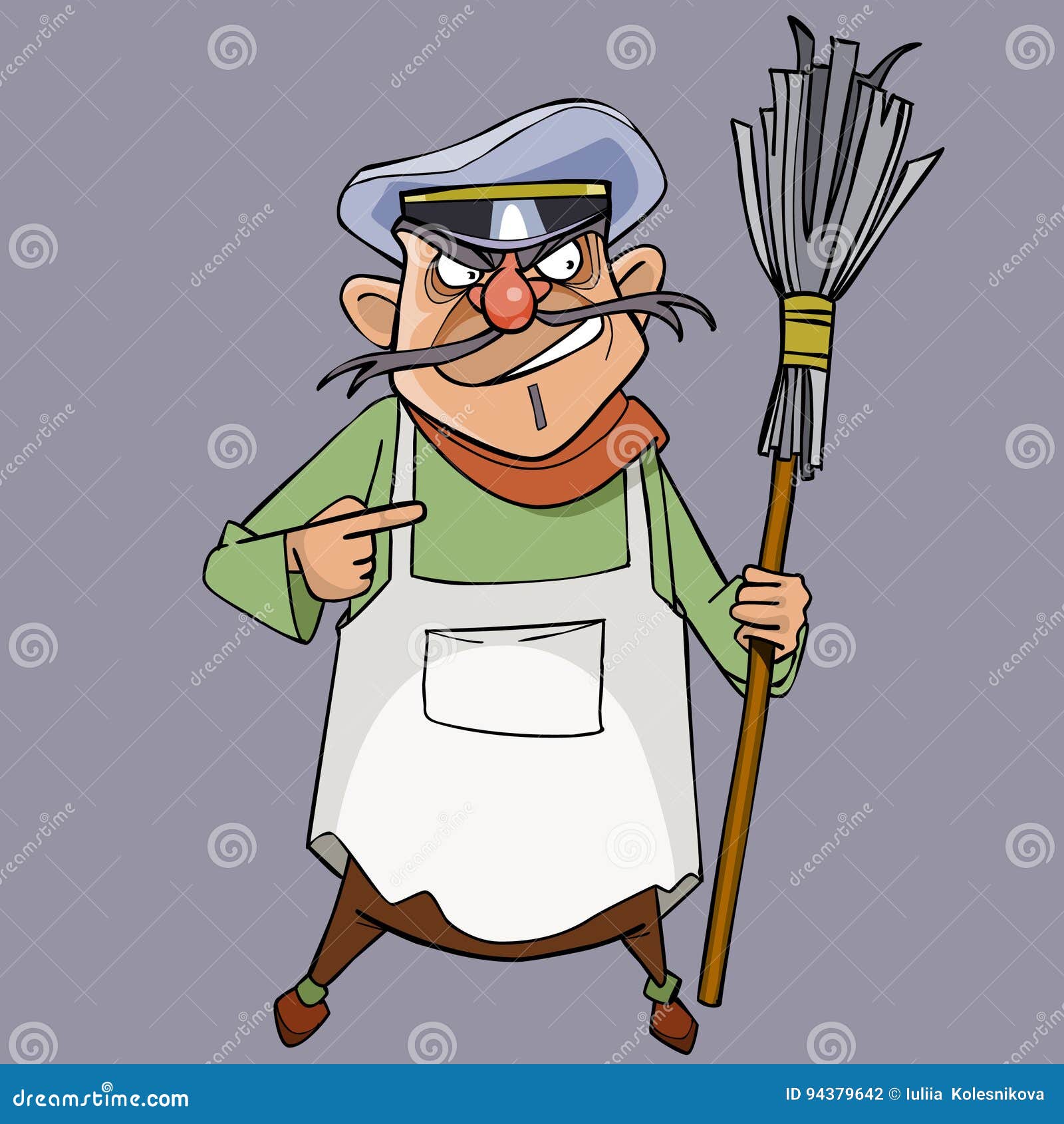 Cartoon Evil Male Janitor with a Broom in Hand Stock Vector