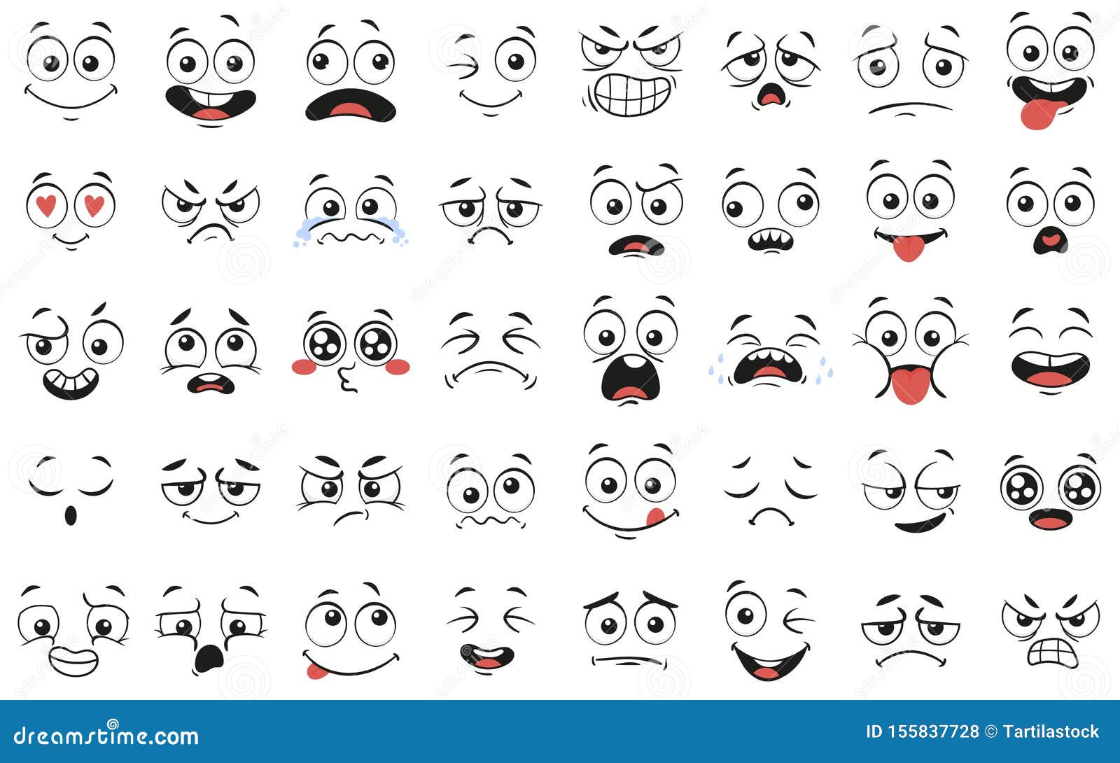 cartoon faces. expressive eyes and mouth, smiling, crying and surprised character face expressions  