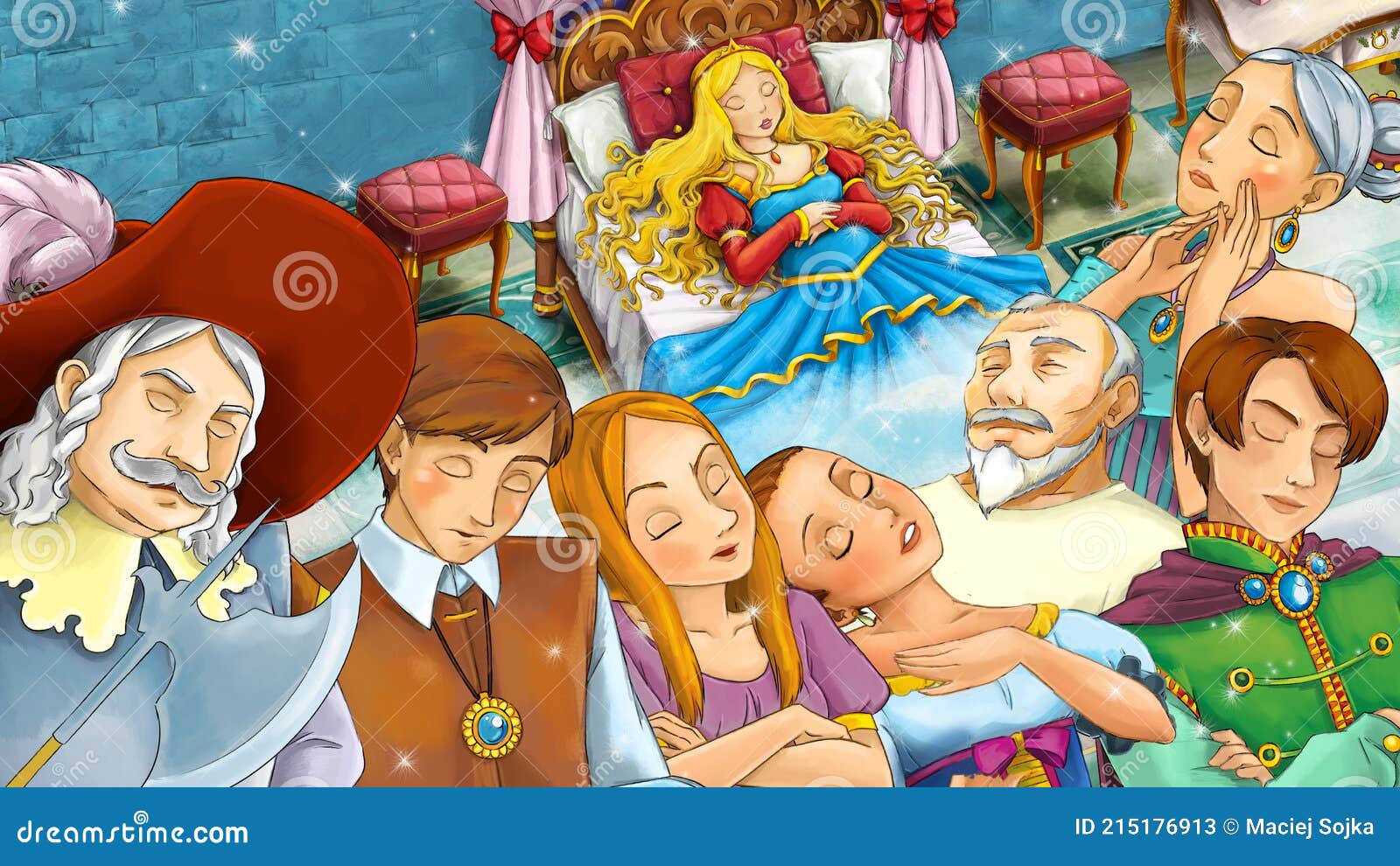 Cartoon Fairy Tale Scene with Princess King and Knights Sleeping  Illustration Stock Illustration - Illustration of joyful, funny: 215176913