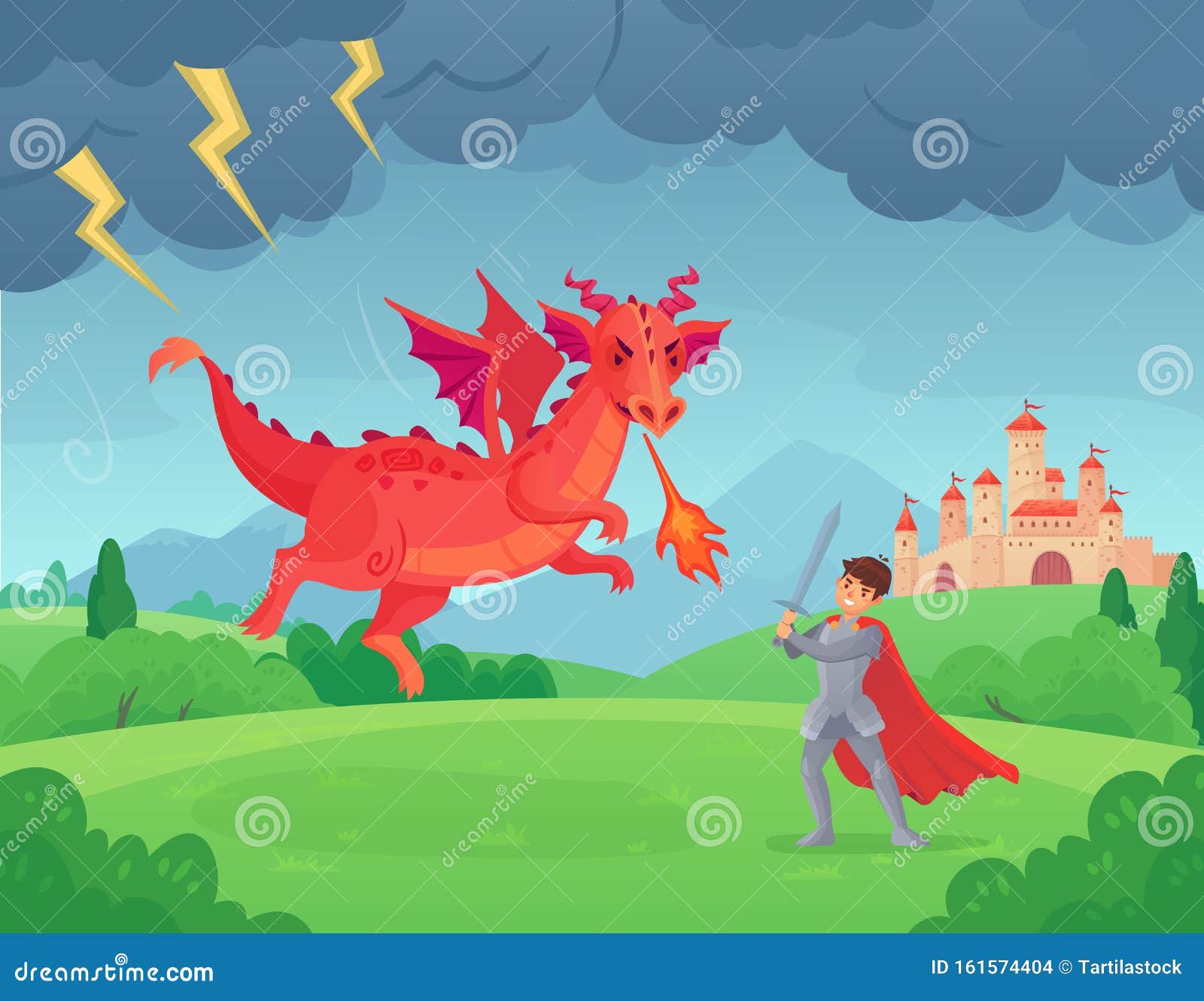 Cartoon Fairytale Knight Fights Dragon. Swordsman Fighting Evil Monster,  Hero Battle with Dragons Medieval Legend Vector Stock Vector - Illustration  of kingdom, fairy: 161574404