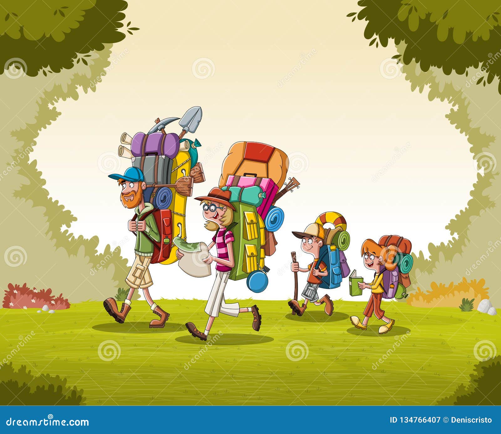 Cartoon Family with Big Backpacks on Green Park. People Hiking on Nature  Background Stock Vector - Illustration of character, adventure: 134766407