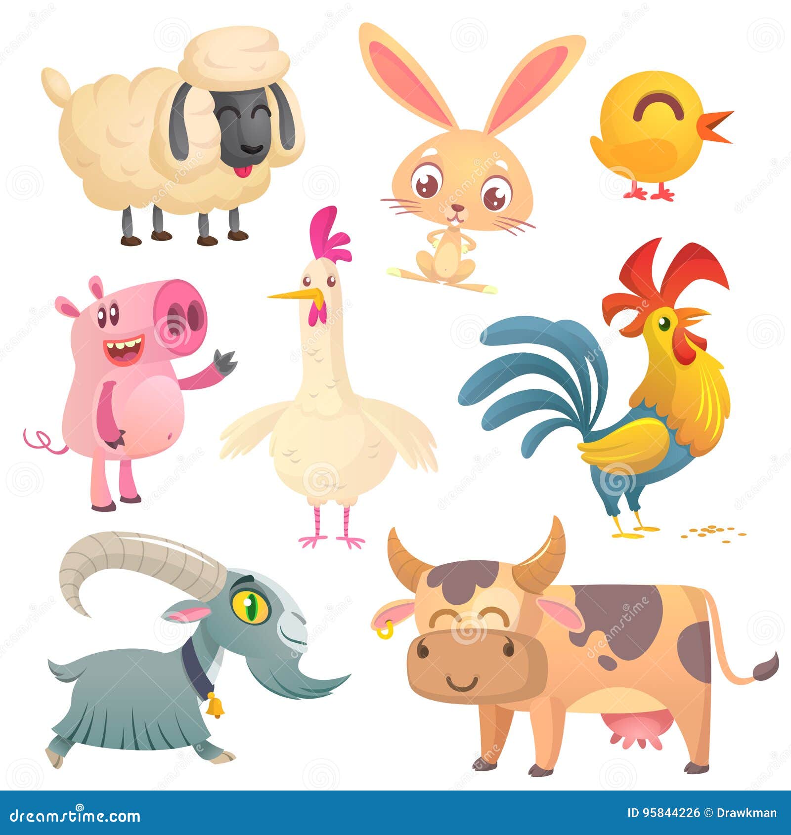 Cartoon Farm Animals. Vector Illustration of Sheep, Bunny Rabbit, Chicken,  Pig, Hen, Rooster, Goat and Cow Stock Vector - Illustration of farm,  design: 95844226