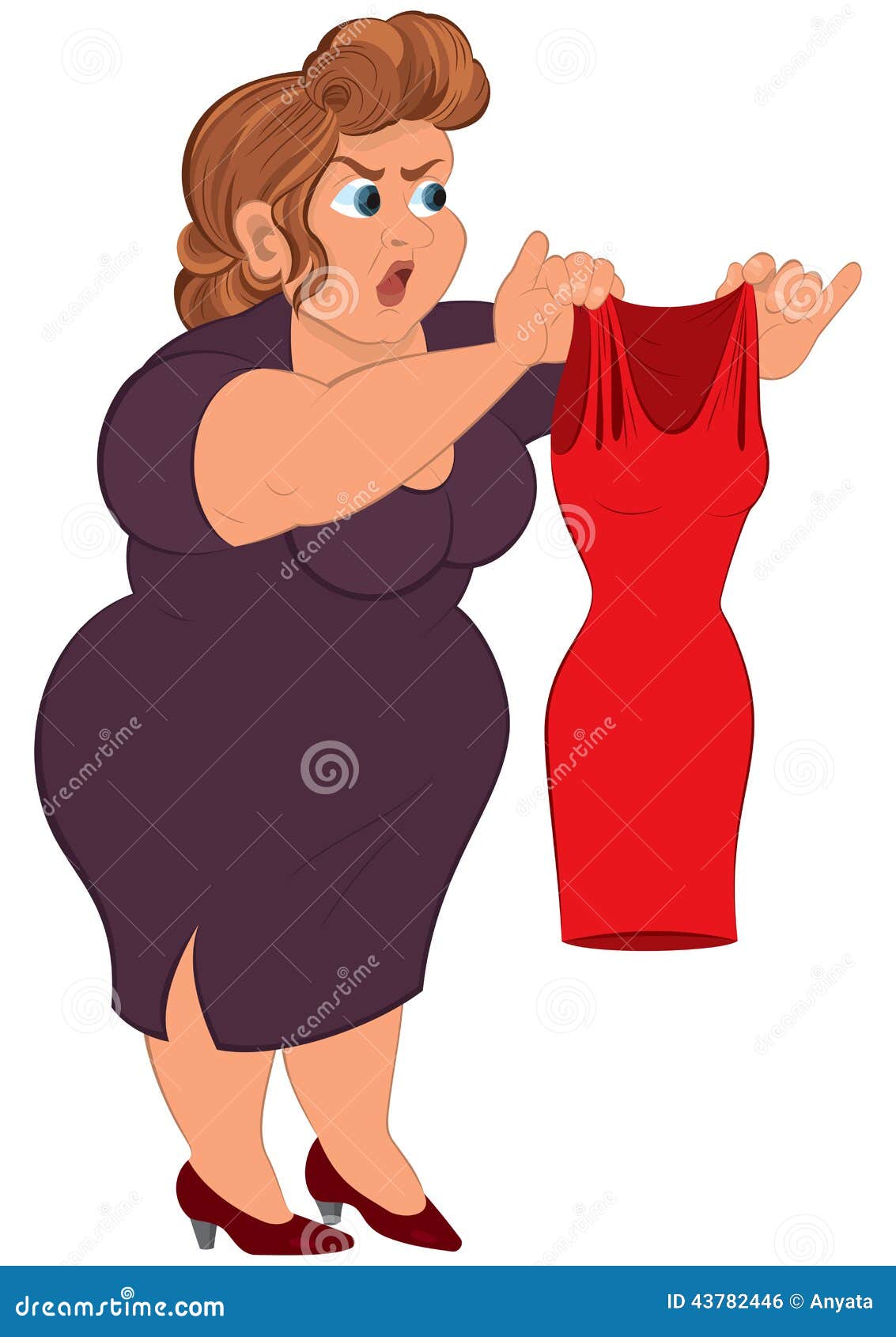 Cartoon Fat Woman in Purple Dress Holding Small Red Dress Stock Vector