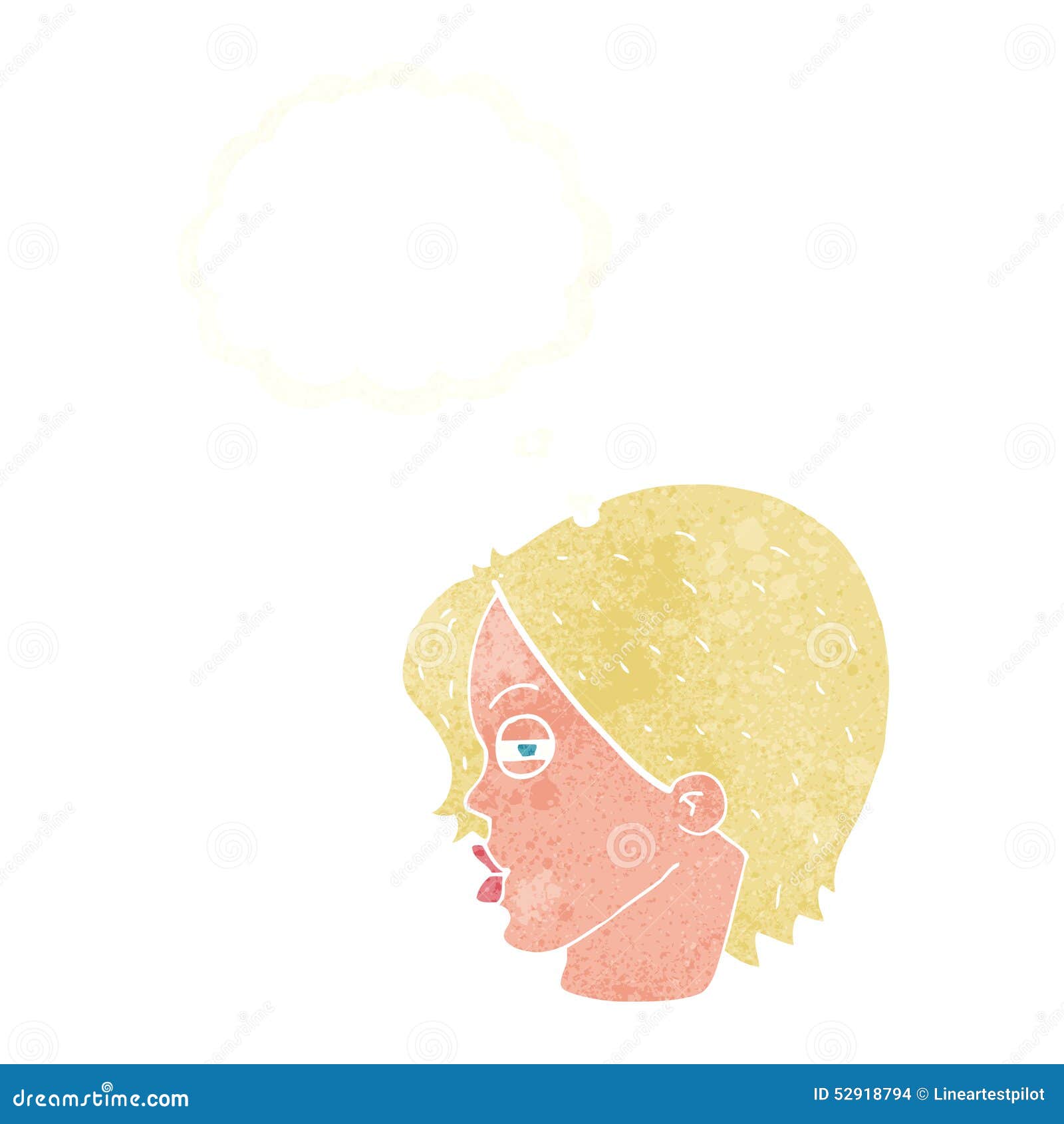 Cartoon Female Face with Narrowed Eyes with Thought Bubble Stock