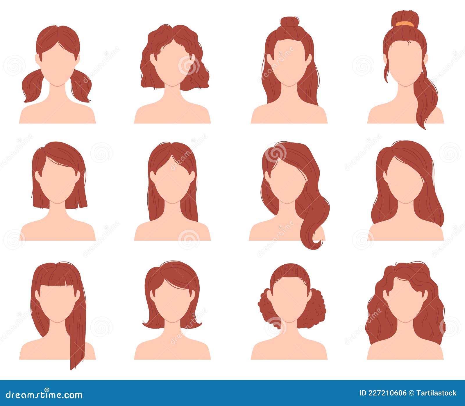 Cartoon Female Fashion Hairstyle for Short, Long and Curly Hair. Woman Head  with Haircuts, Ponytail and Bun Stock Vector - Illustration of isolated,  portrait: 227210606