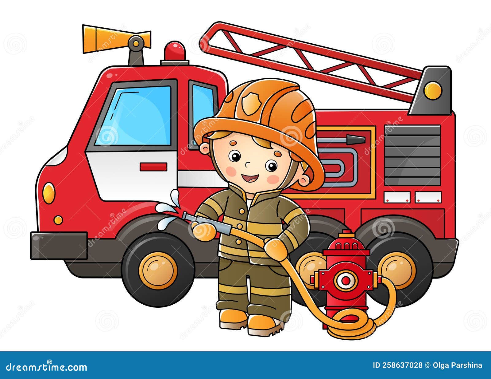Cartoon Fire Truck With Fireman Or Firefighter Fire Fighting