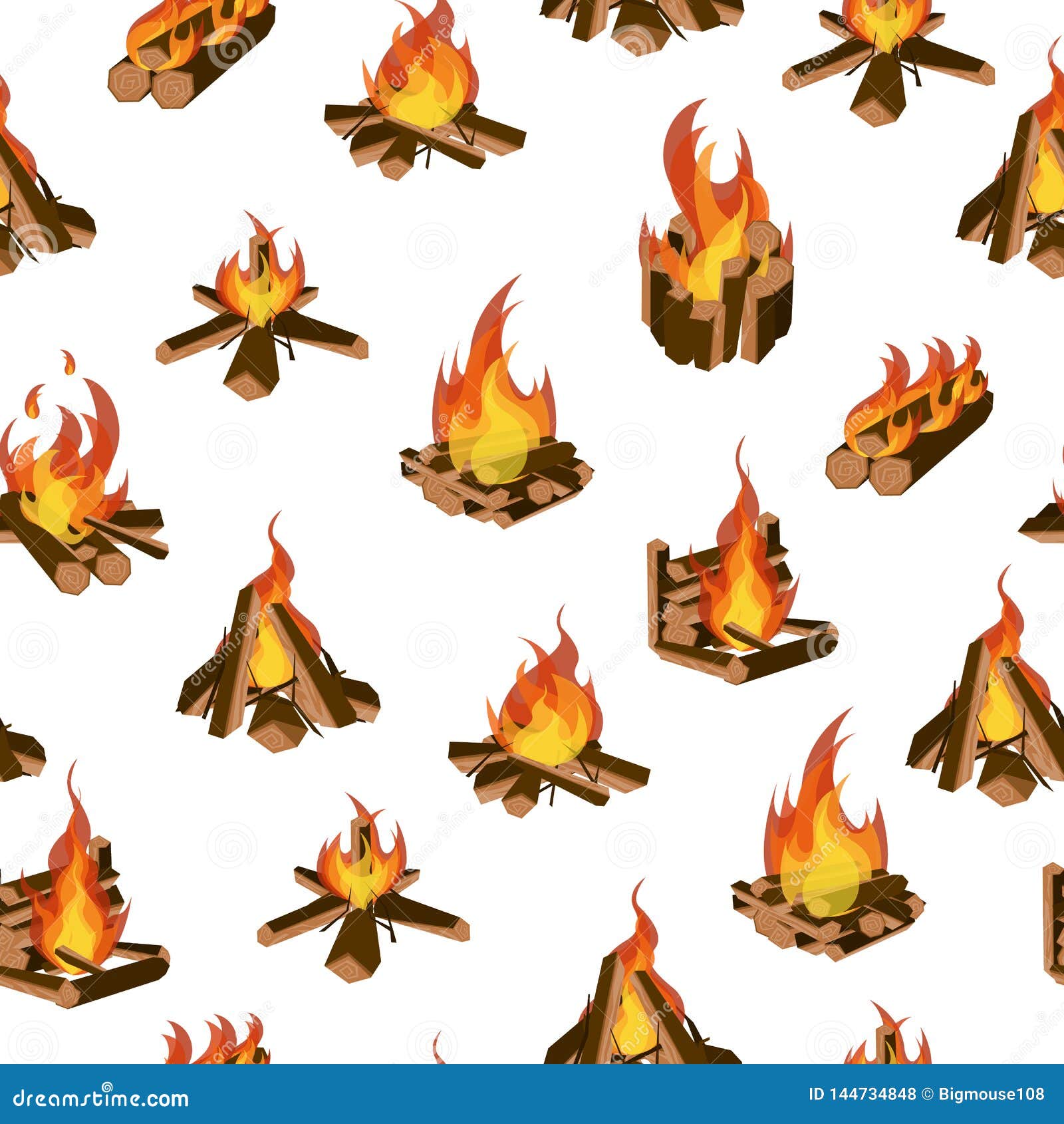 Cartoon Fire Wood And Campfire Seamless Pattern Background. Vector