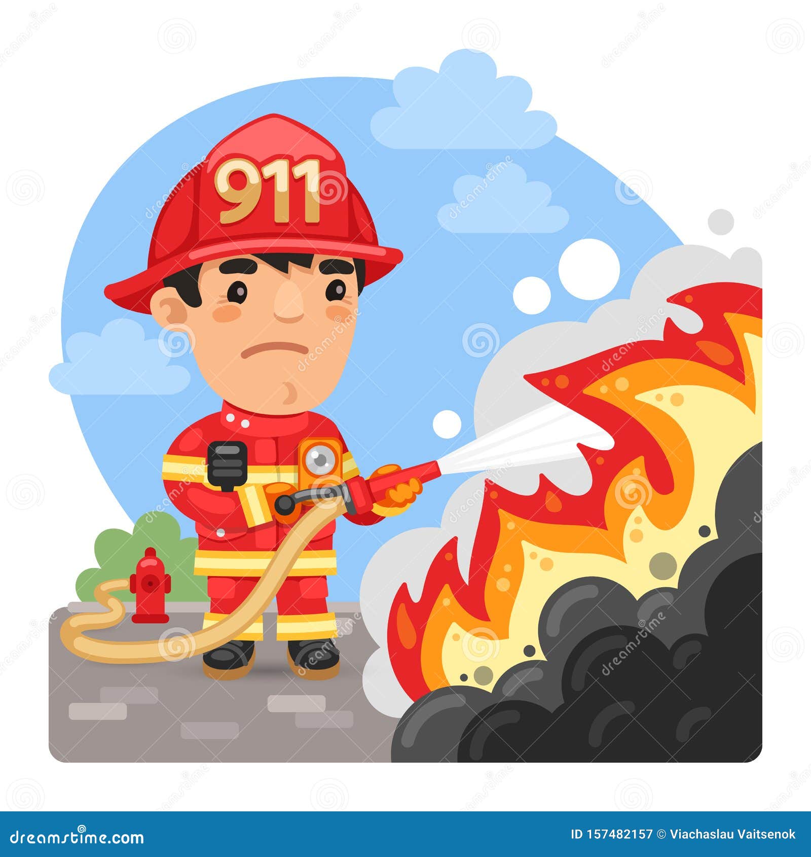 Cartoon Firefighter Extinguishes a Fire Stock Vector - Illustration of