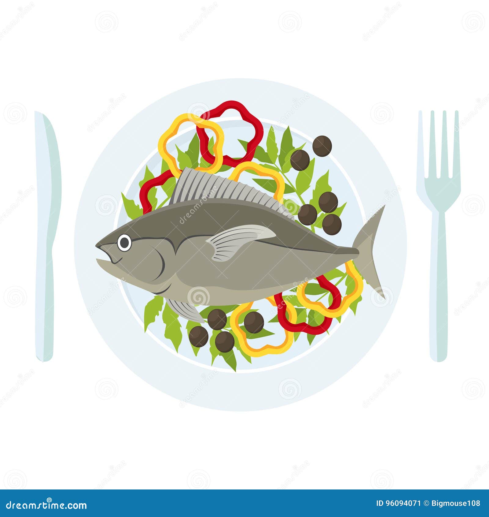 Cartoon Fish and Fresh Vegetables on a Plate. Vector Stock Vector -  Illustration of ocean, cook: 96094071