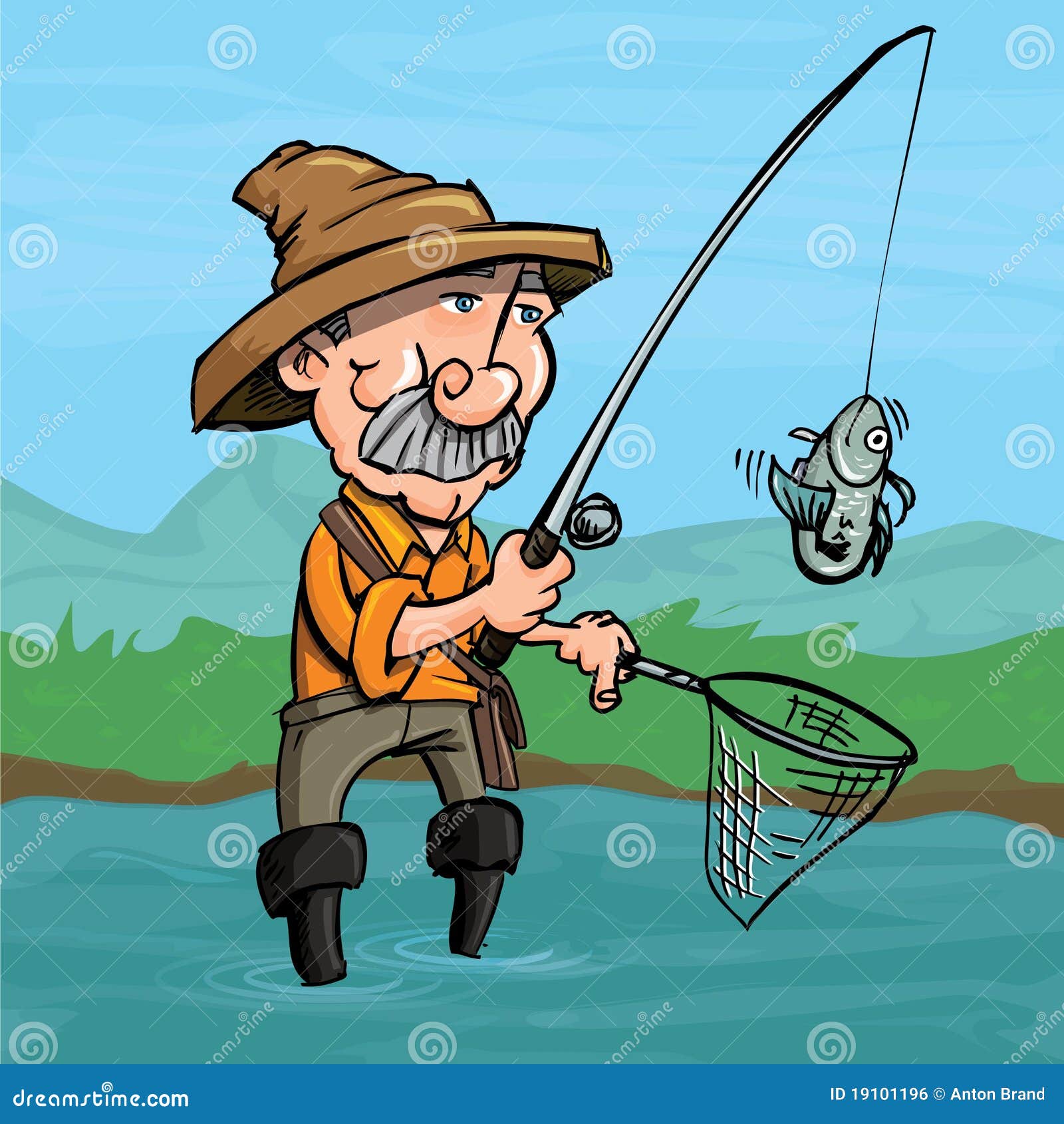 Cartoon Fisherman, Man Cath Fish On Fishing Rod | CartoonDealer.com ...