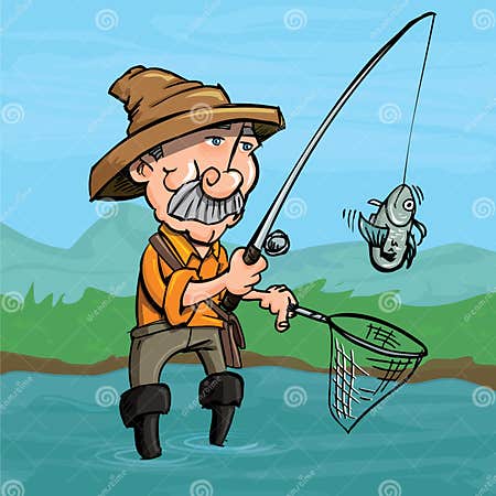 Cartoon Fisherman Catching a Fish Stock Vector - Illustration of ...