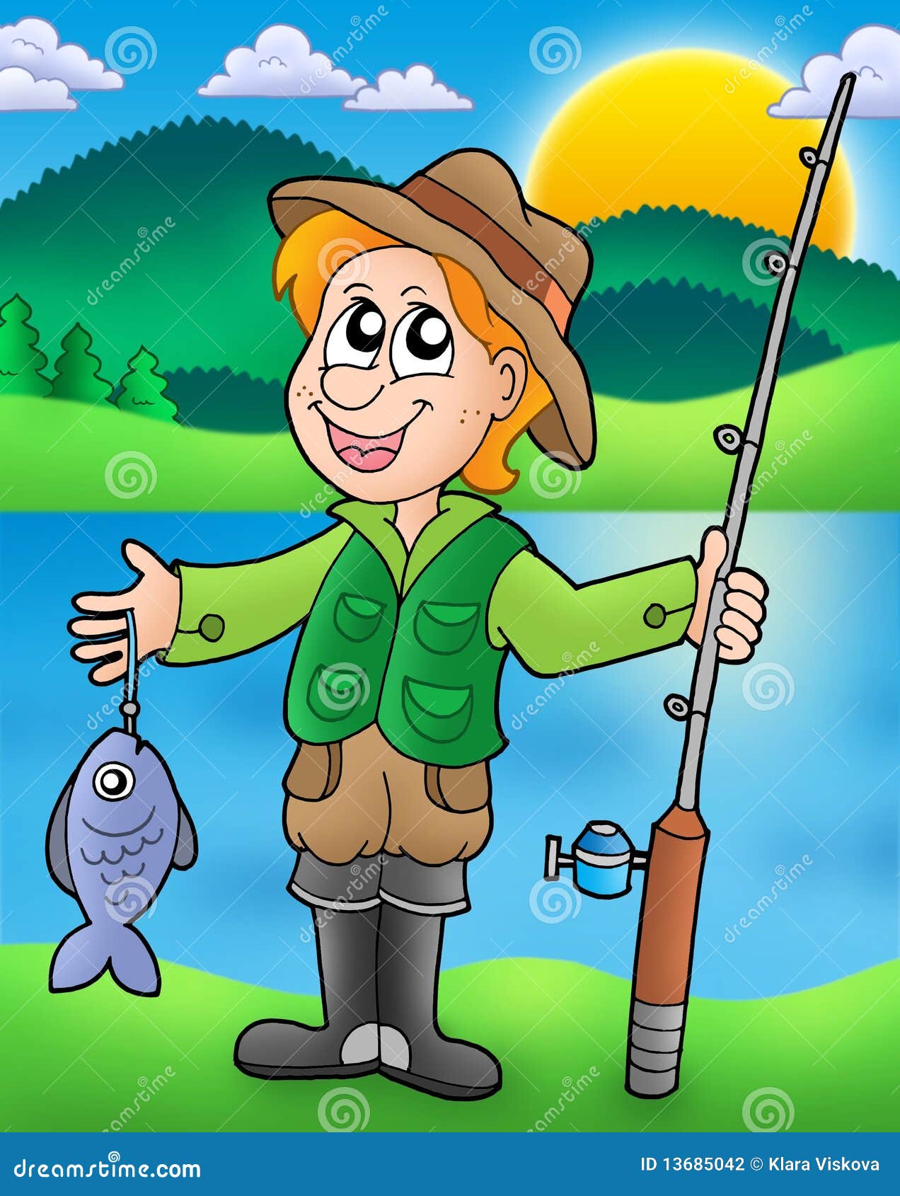 Cartoon Fisherman with Fish Stock Illustration - Illustration of