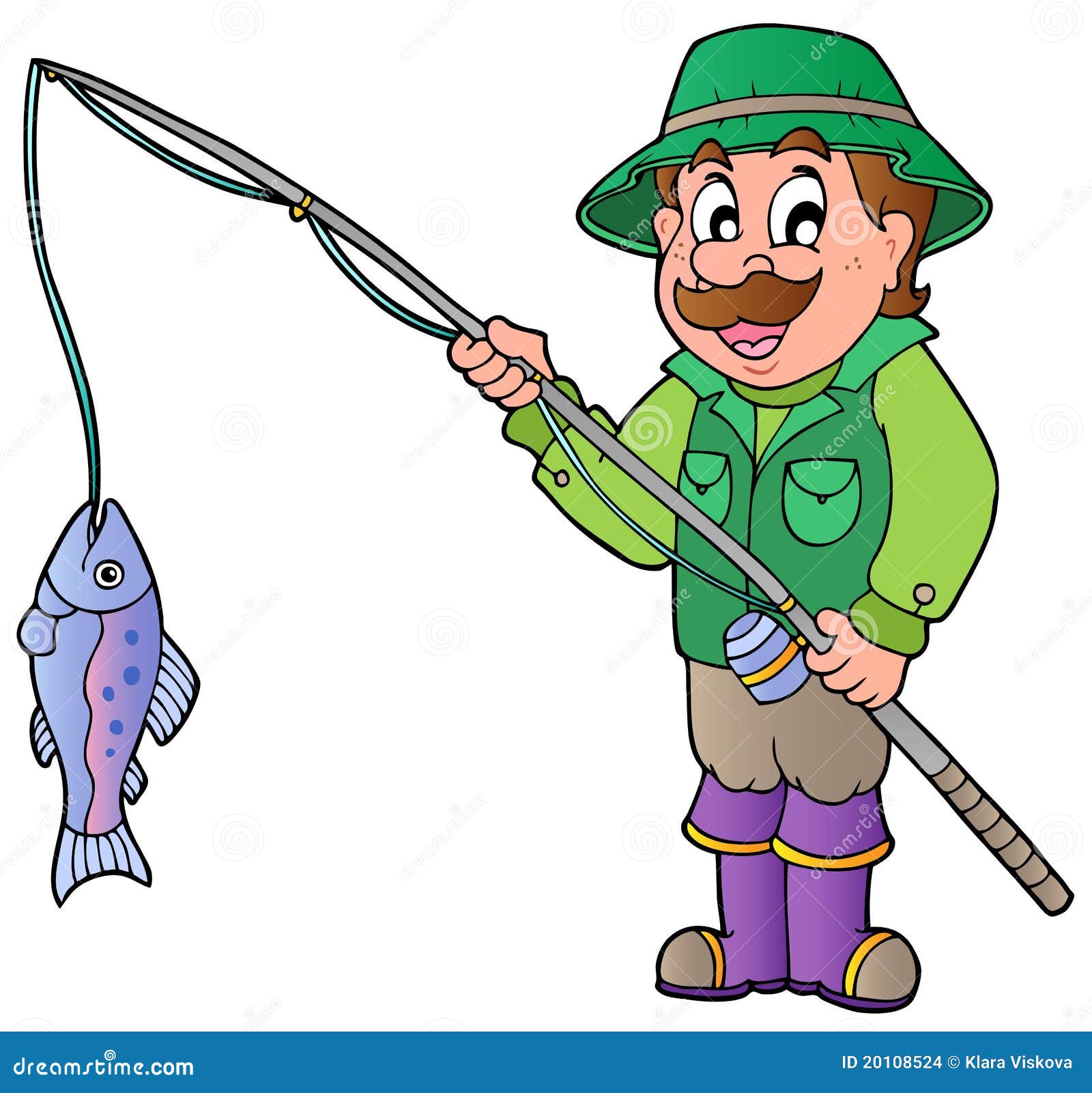 Cartoon Fisherman, Man Cath Fish On Fishing Rod | CartoonDealer.com