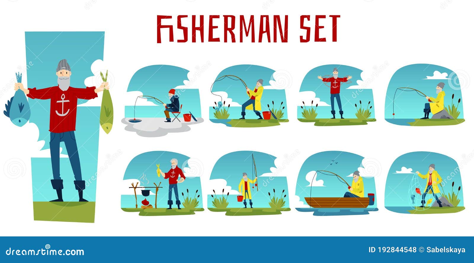 Download Cartoon Fisherman Set - Old Man During Fishing Process ...