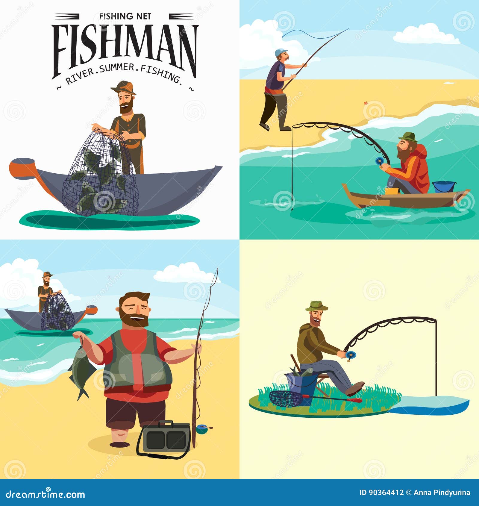 Cartoon Fisherman Standing In Hat And Pulls Net On Boat 