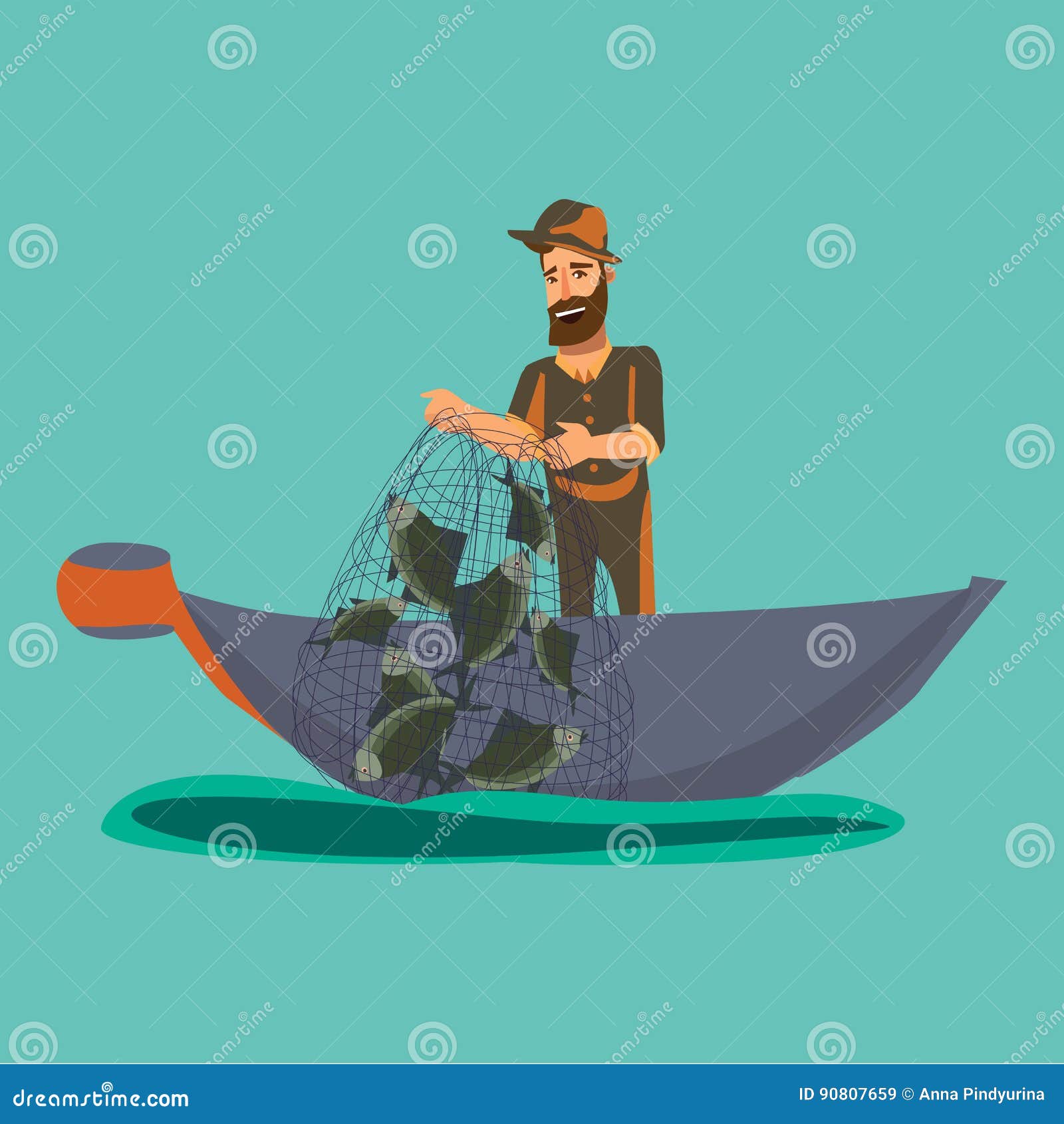 Cartoon Fisherman Standing in Hat and Pulls Net on Boat Out of