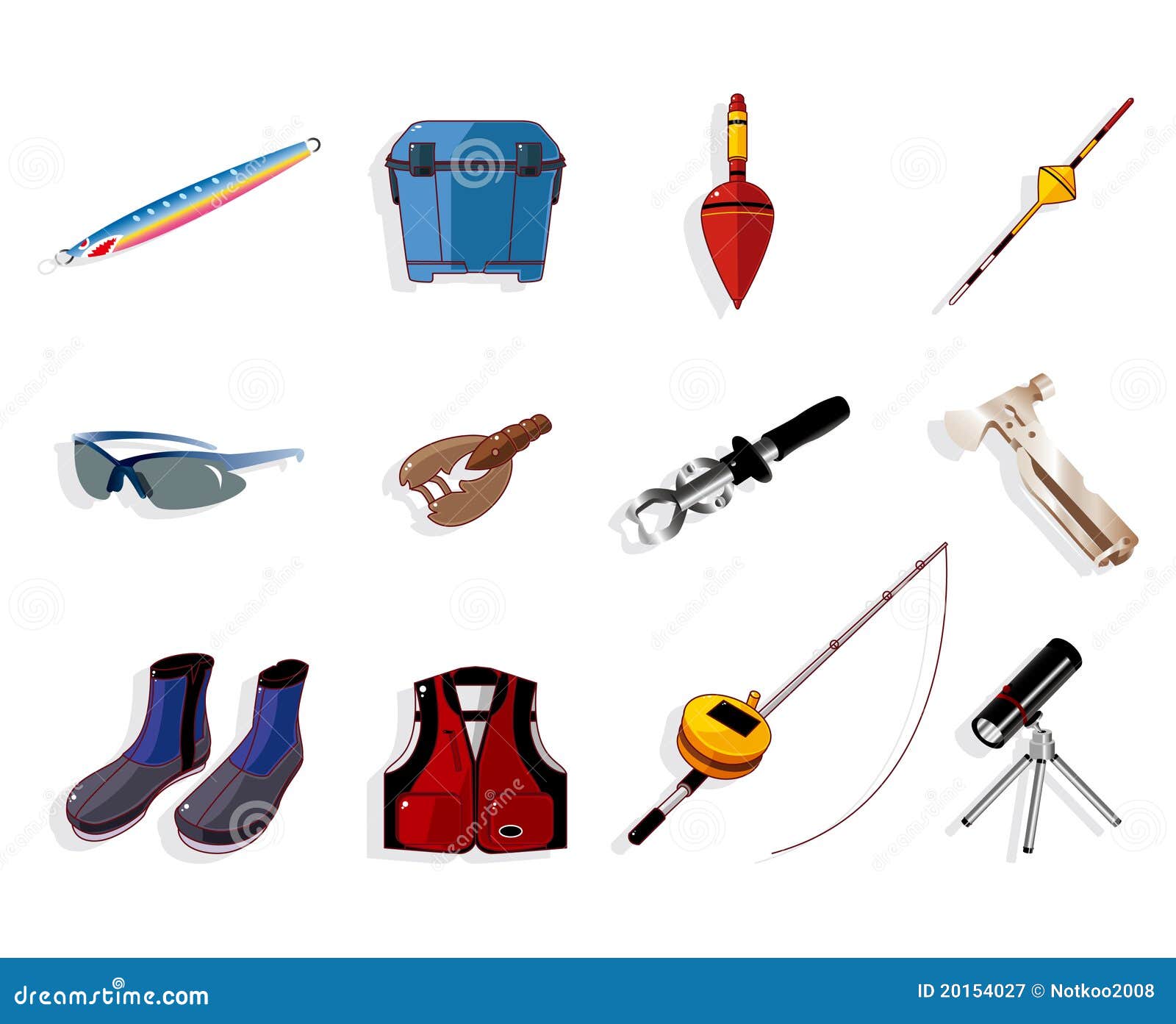 Cartoon Fishing Equipment Tools Icon Set , Stock Vector