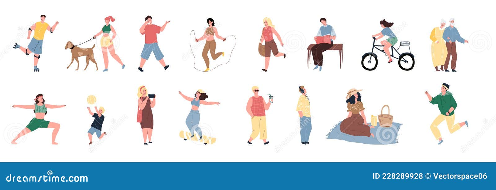 cartoon flat happy characters doing summer activities,  concept