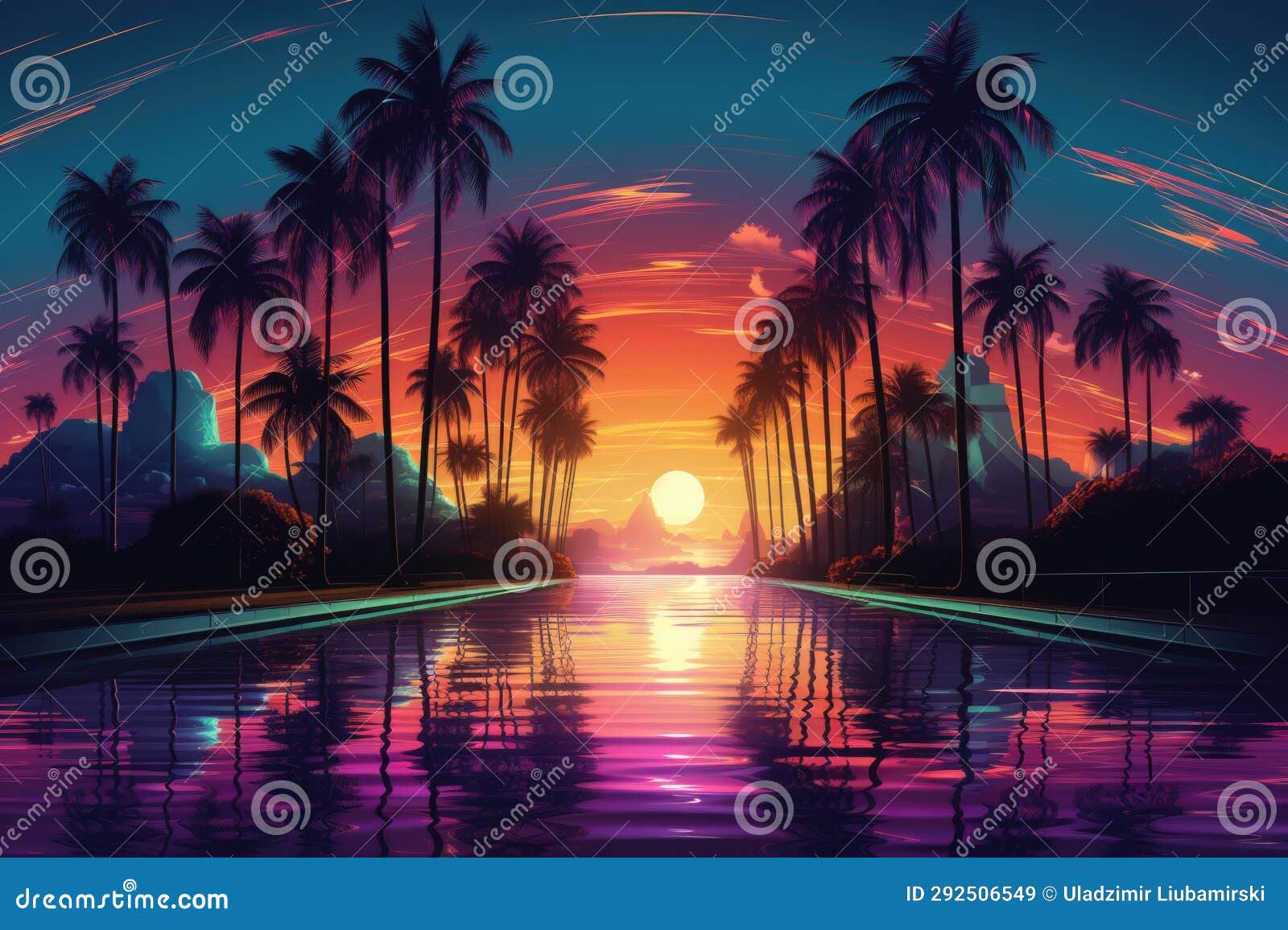 Cartoon Flat Panoramic Landscape, Sunset with Palm Trees. Background in ...