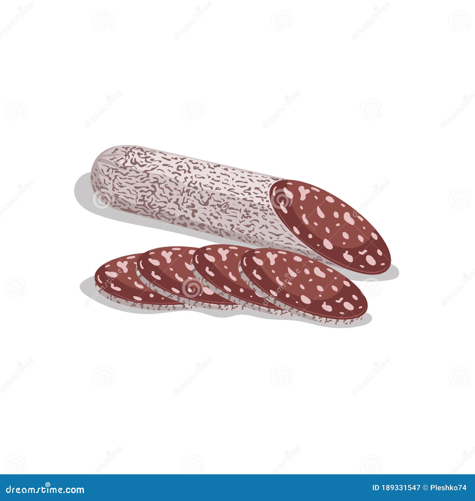 cartoon flat style dry cured salami with slices. italian or mediterranian meat product in bright layered cover.  illustratio