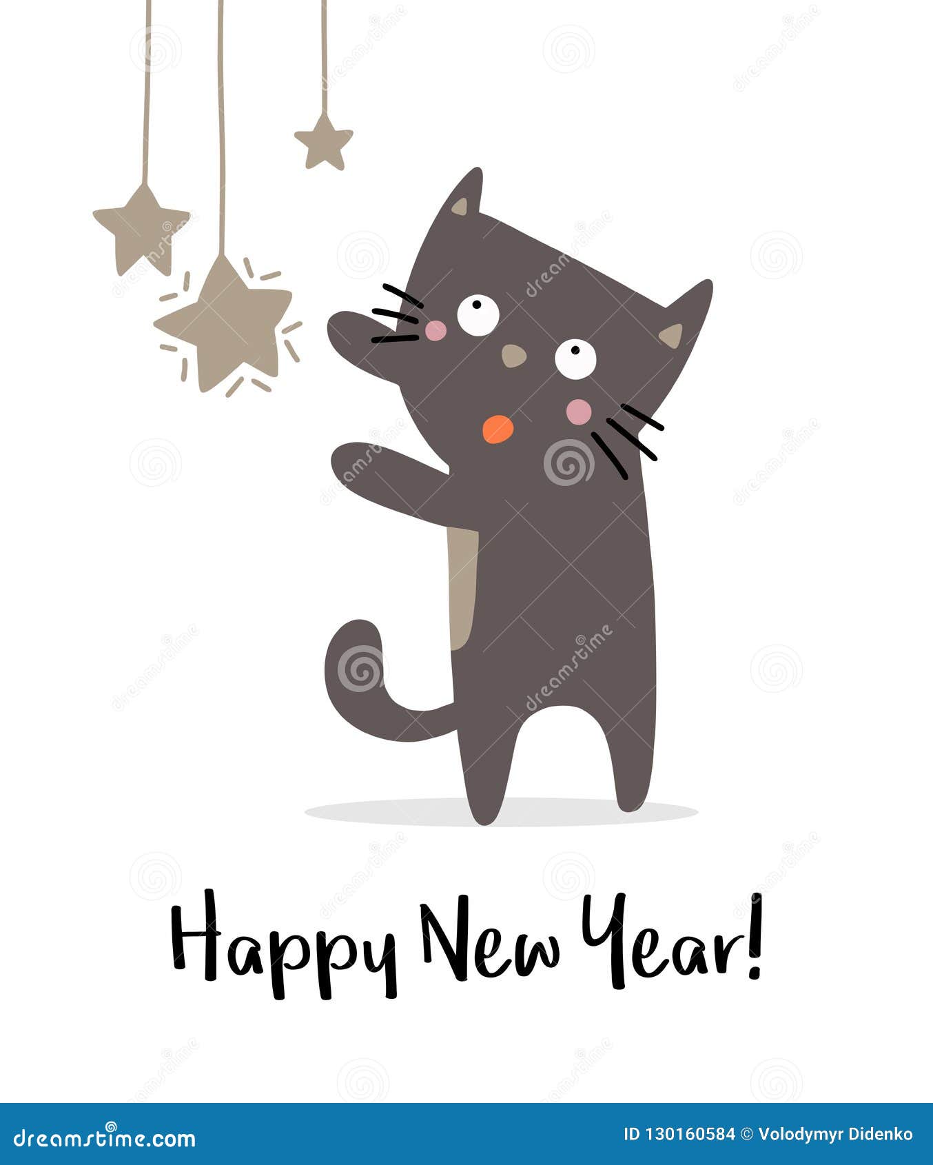Happy Cute Cat with New Year Stars. Holiday Winter Animal Illustration  Vector Greeting Card Stock Vector - Illustration of decoration, greeting:  130160584