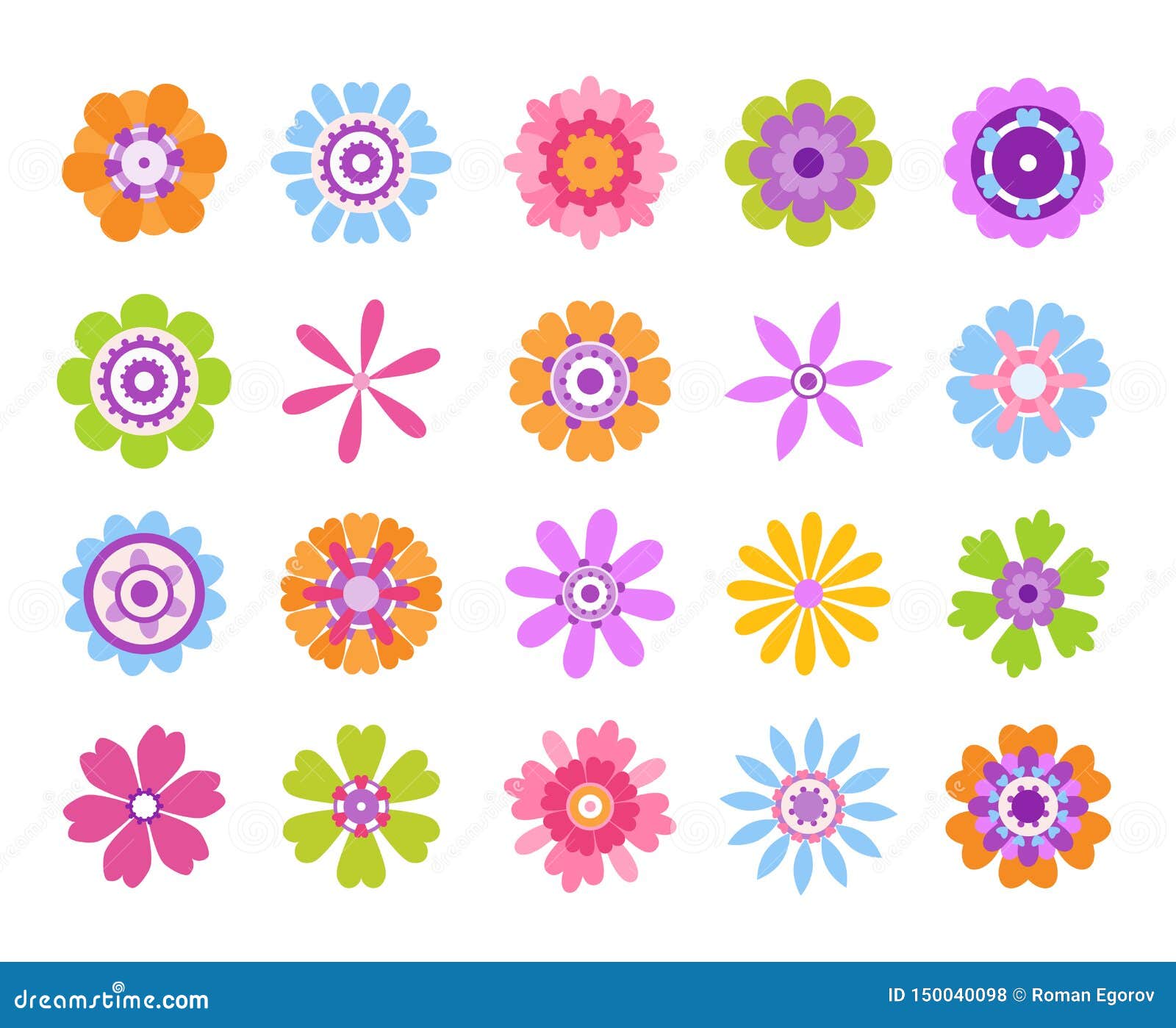 cartoon flower icons. summer cute girly stickers, modern flowers clip art icon set.  pretty nature graphic