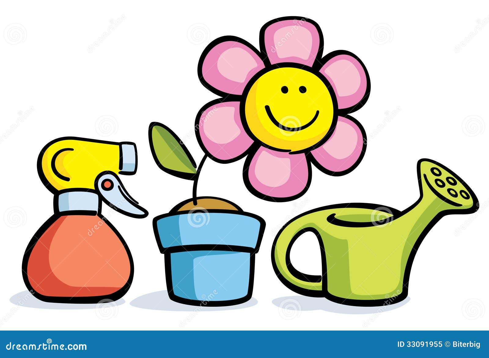 Cartoon Flower In Pot With Watering Can And Sprayer Stock Vector