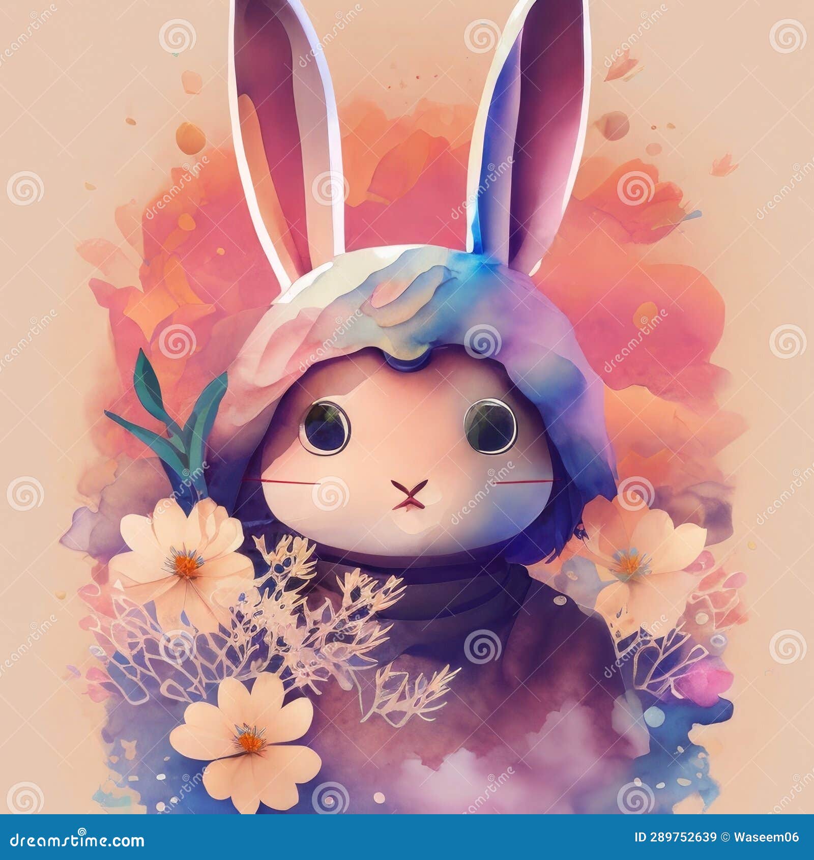 Playful Rabbit in Floral Watercolor Cartoon Stock Illustration ...