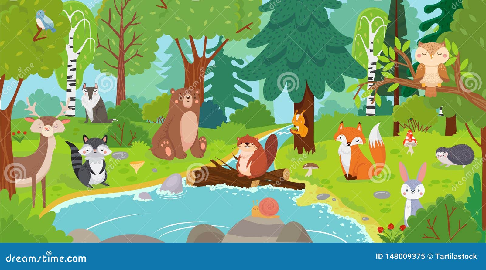 Cartoon Forest Animals Wild Bear Funny Squirrel And Cute Birds On Forests Trees Kids Vector Background Illustration Stock Vector Illustration Of Mushrooms Fawn