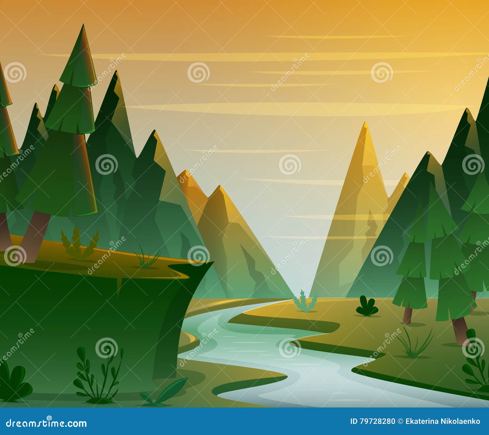 Cartoon Forest Landscape with Mountains, River and Fir-trees. Sunset or  Sunrise Scenery Background Stock Vector - Illustration of river, land:  79728280