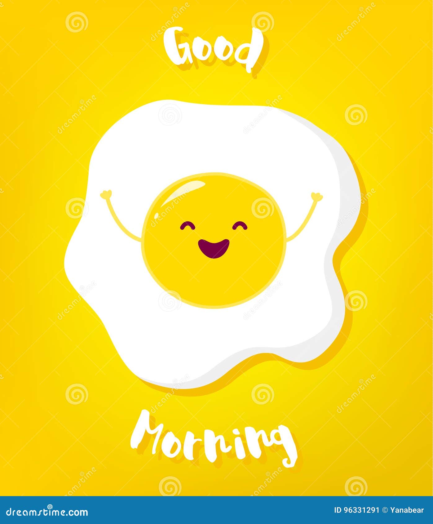 Cartoon Fried Egg Raises Hands and Smiles. Good Morning Vector Card ...