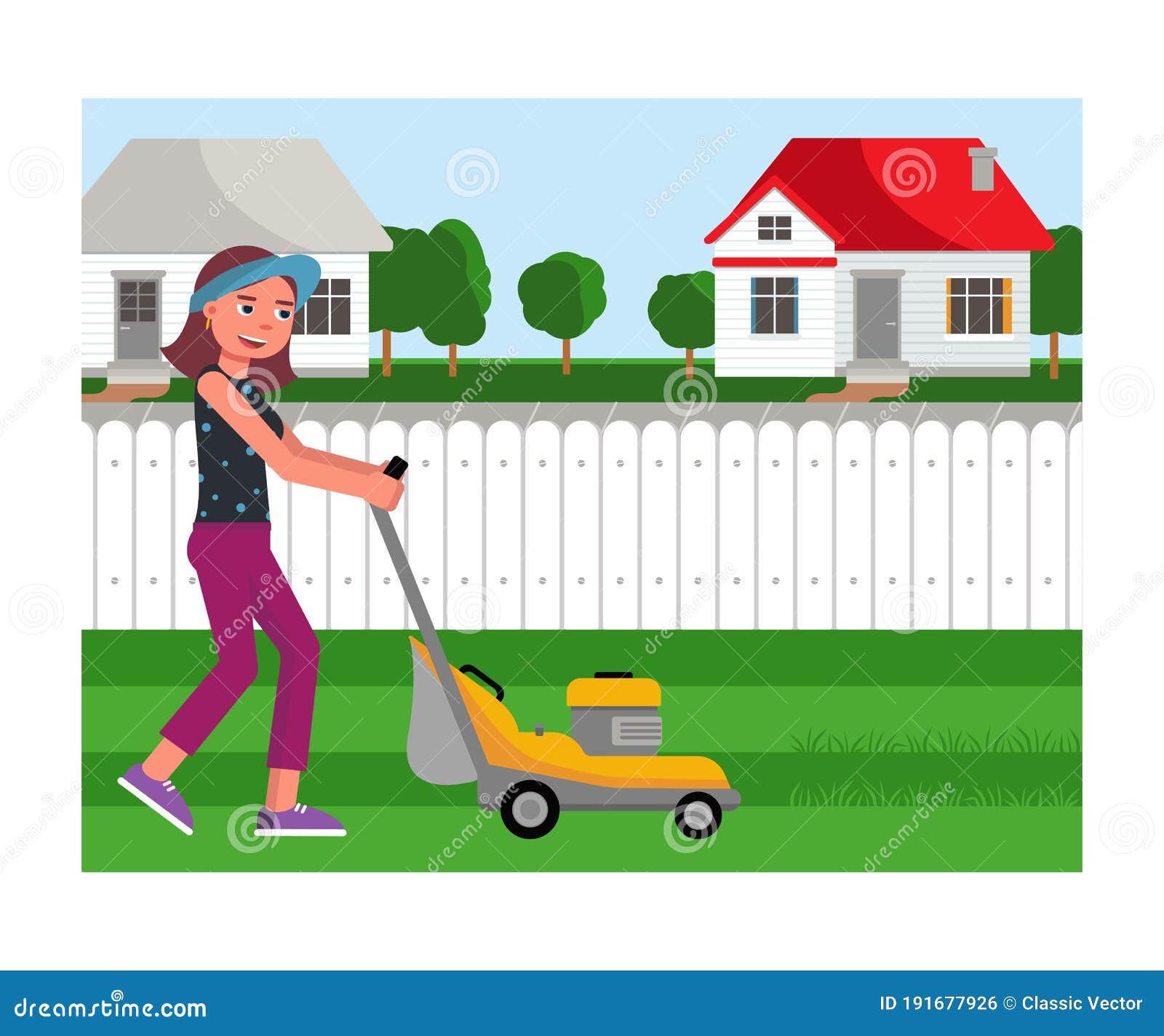 girl mowing lawn clipart free