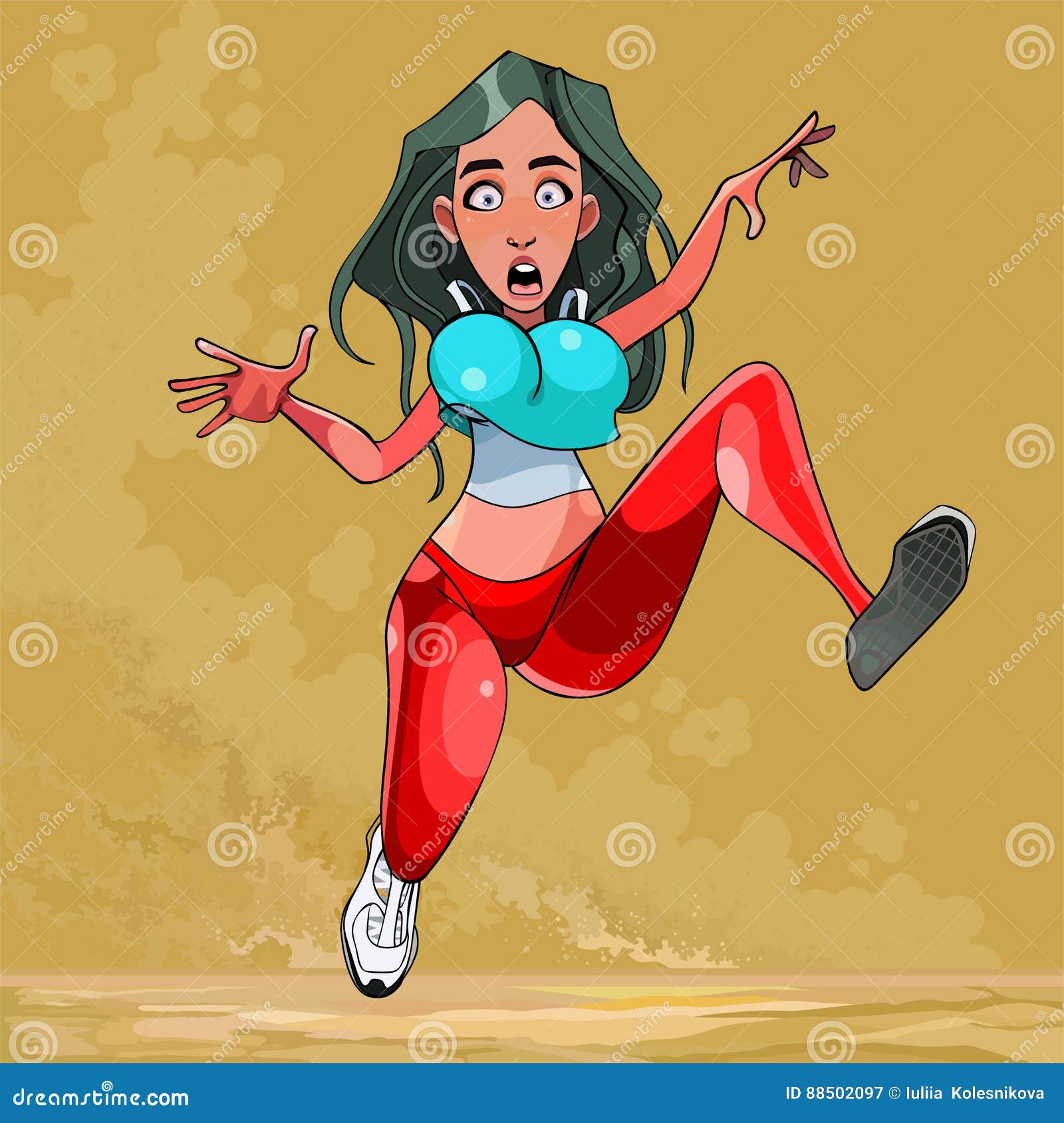 Cartoon Frightened Woman Jumps at High Speed Stock Vector