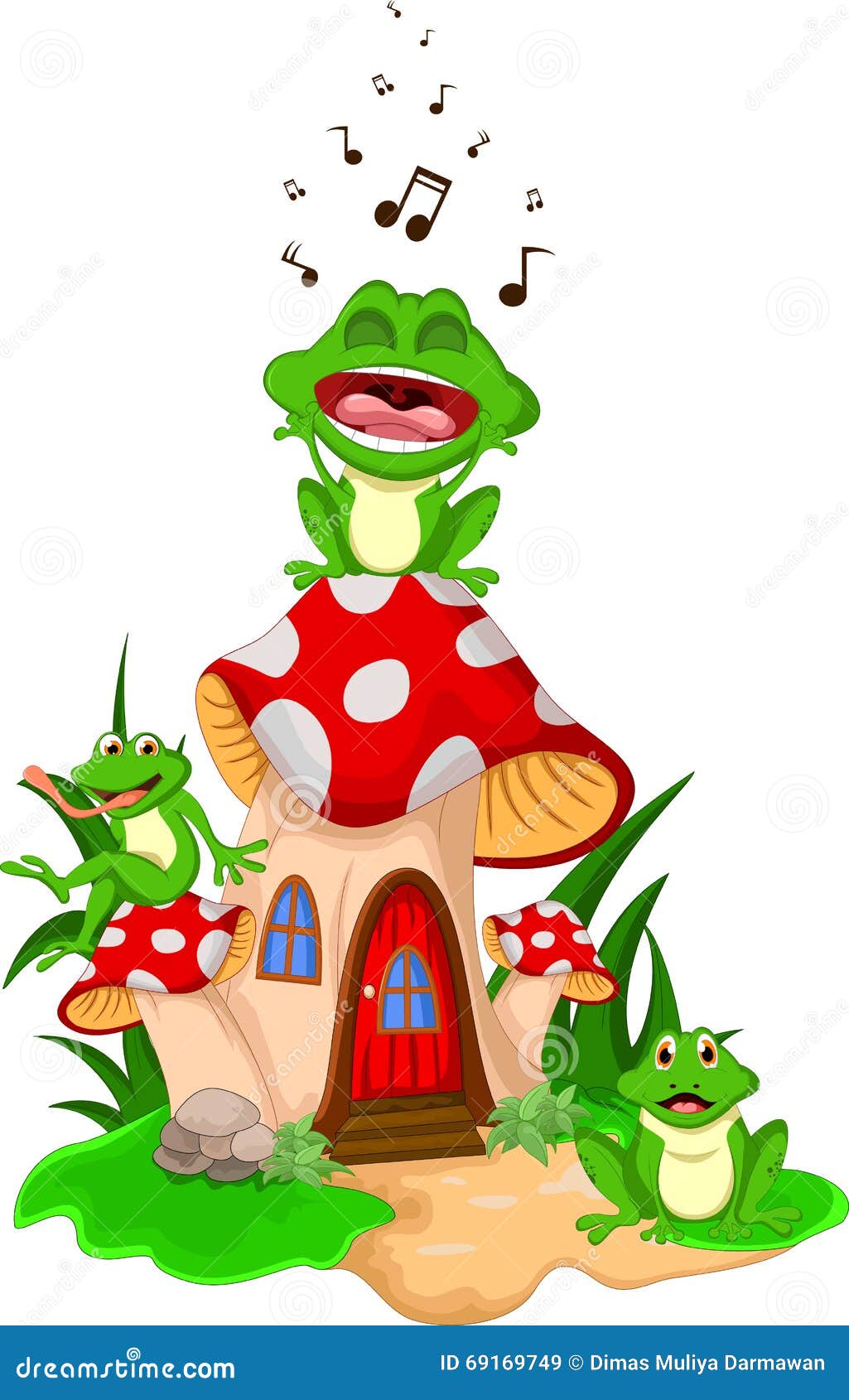 Cartoon 3 Frogs Singing on a Mushroom Stock Illustration Illustration