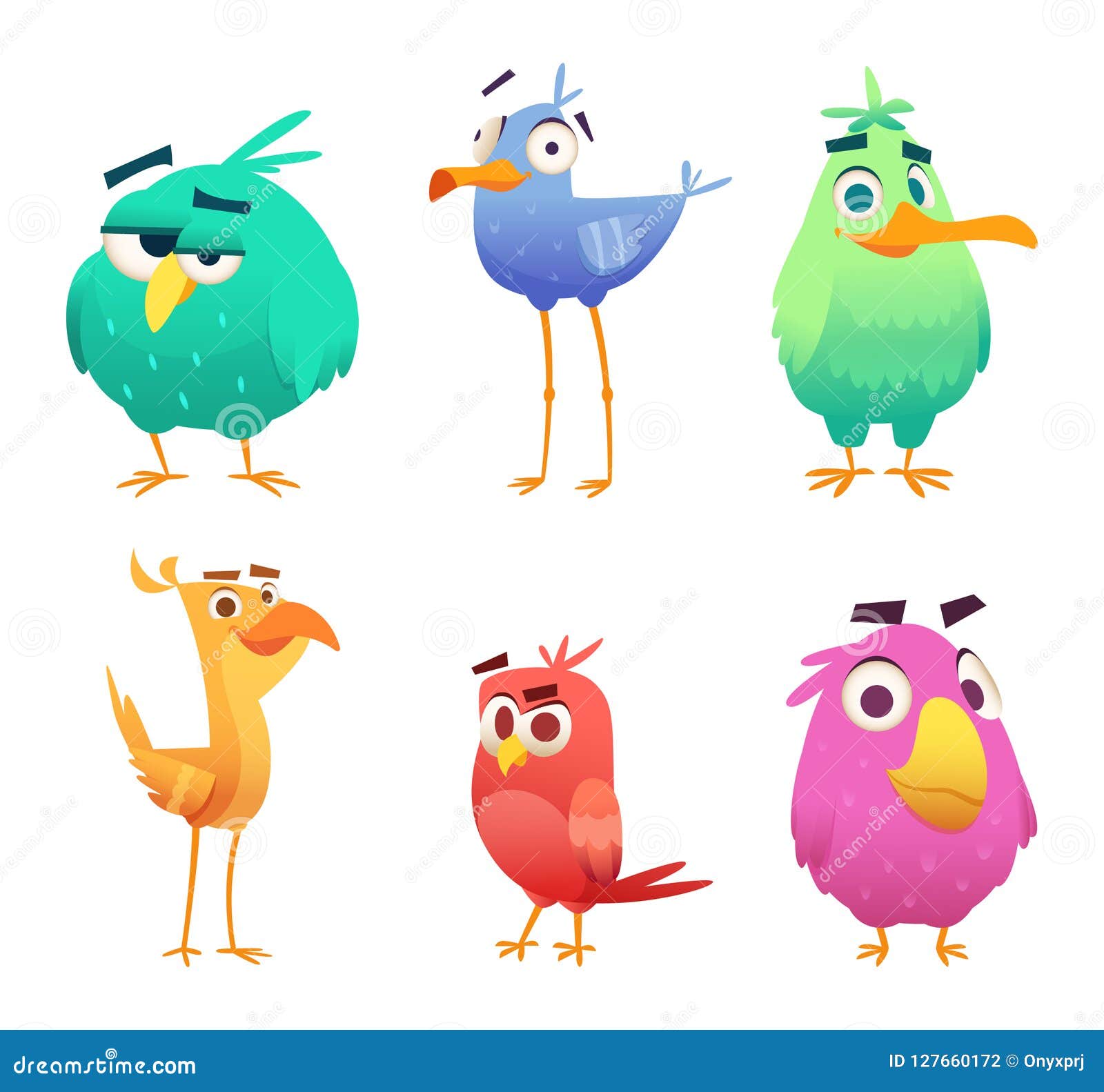 cartoon funny birds. faces of cute animals colored baby eagles happy birds.  clipart characters 