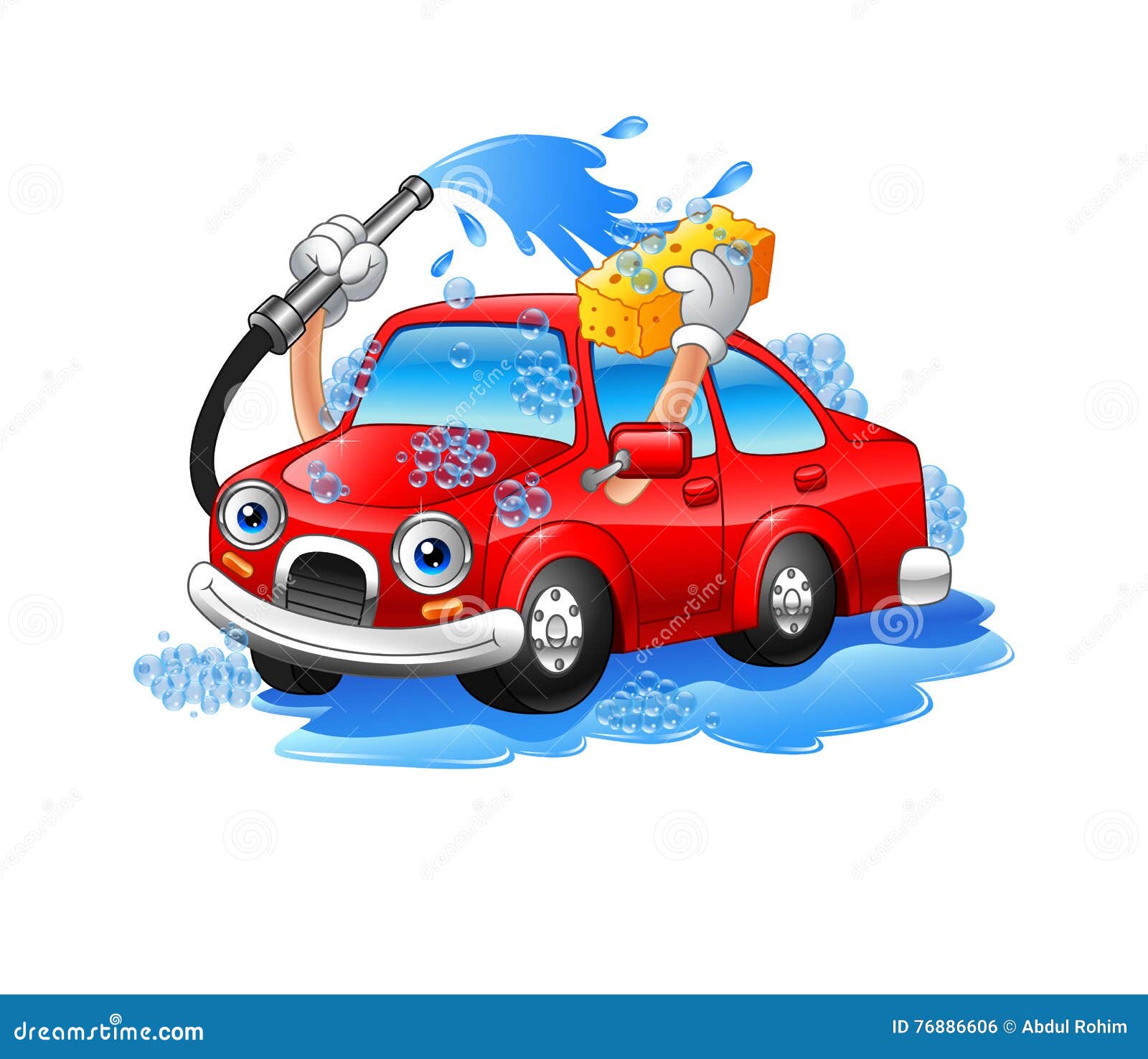 Cartoon Funny Car Washing with Water Pipe and Sponge Stock Vector
