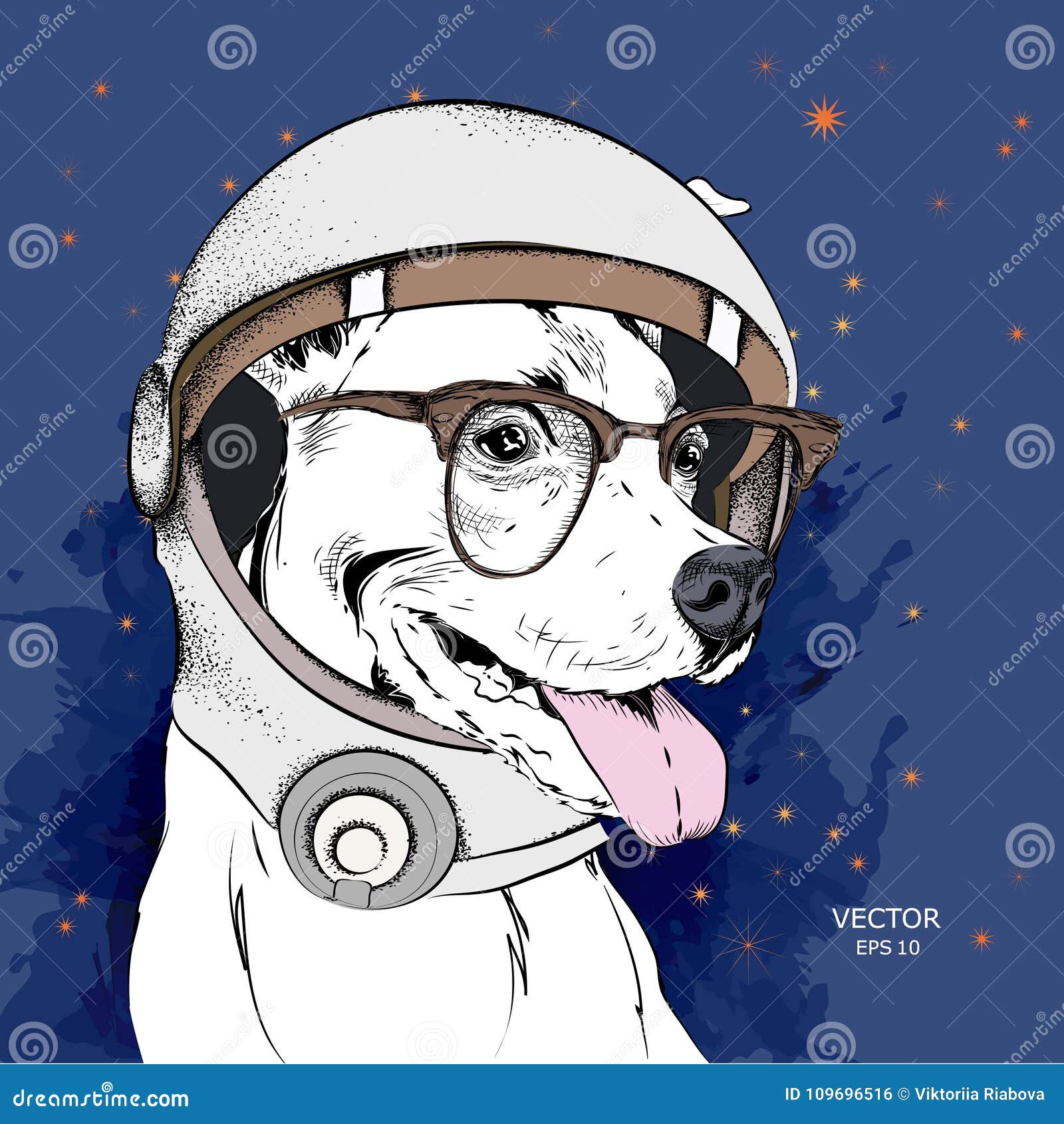 A Cartoon Dog in an Astronaut`s Space Suit. Character in Space. Vector