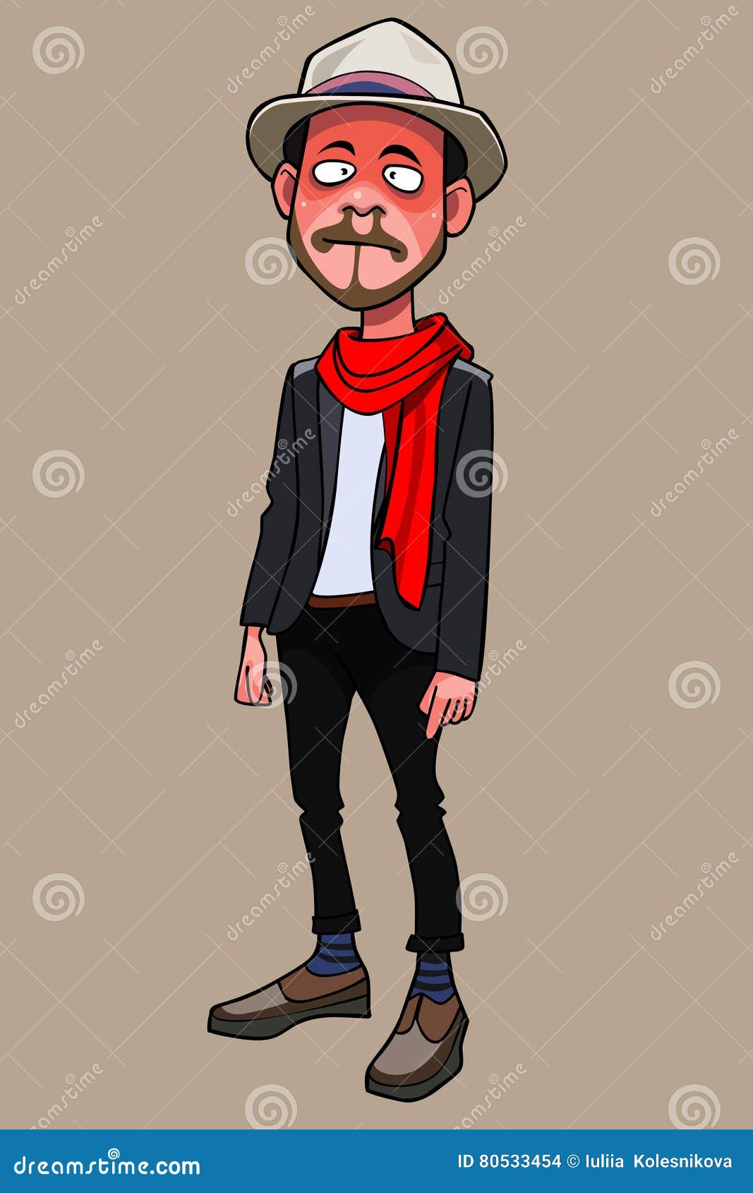 Cartoon is a Funny Guy Hipster in Hat and Scarf Stock Vector