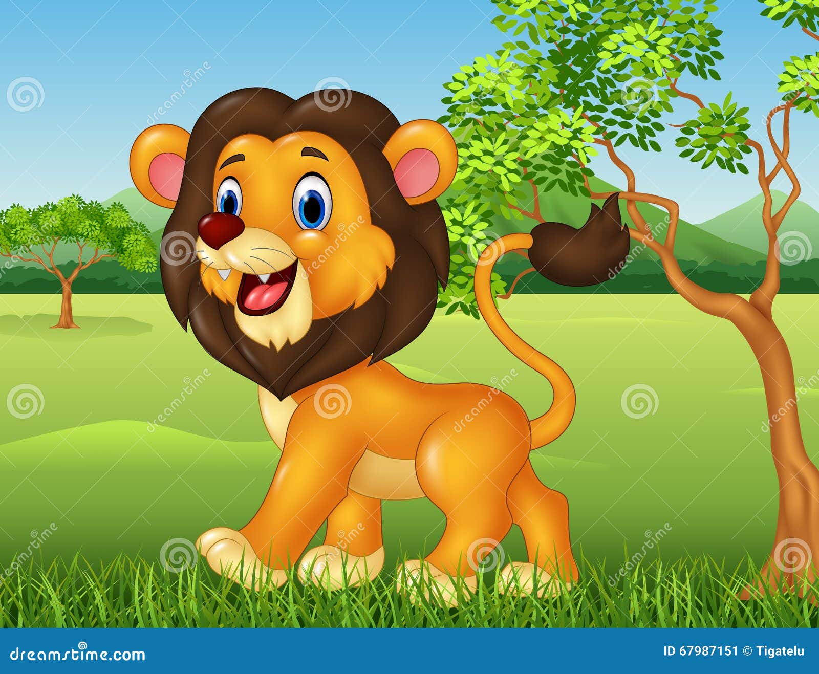 cartoon funny lion walking in jungle background