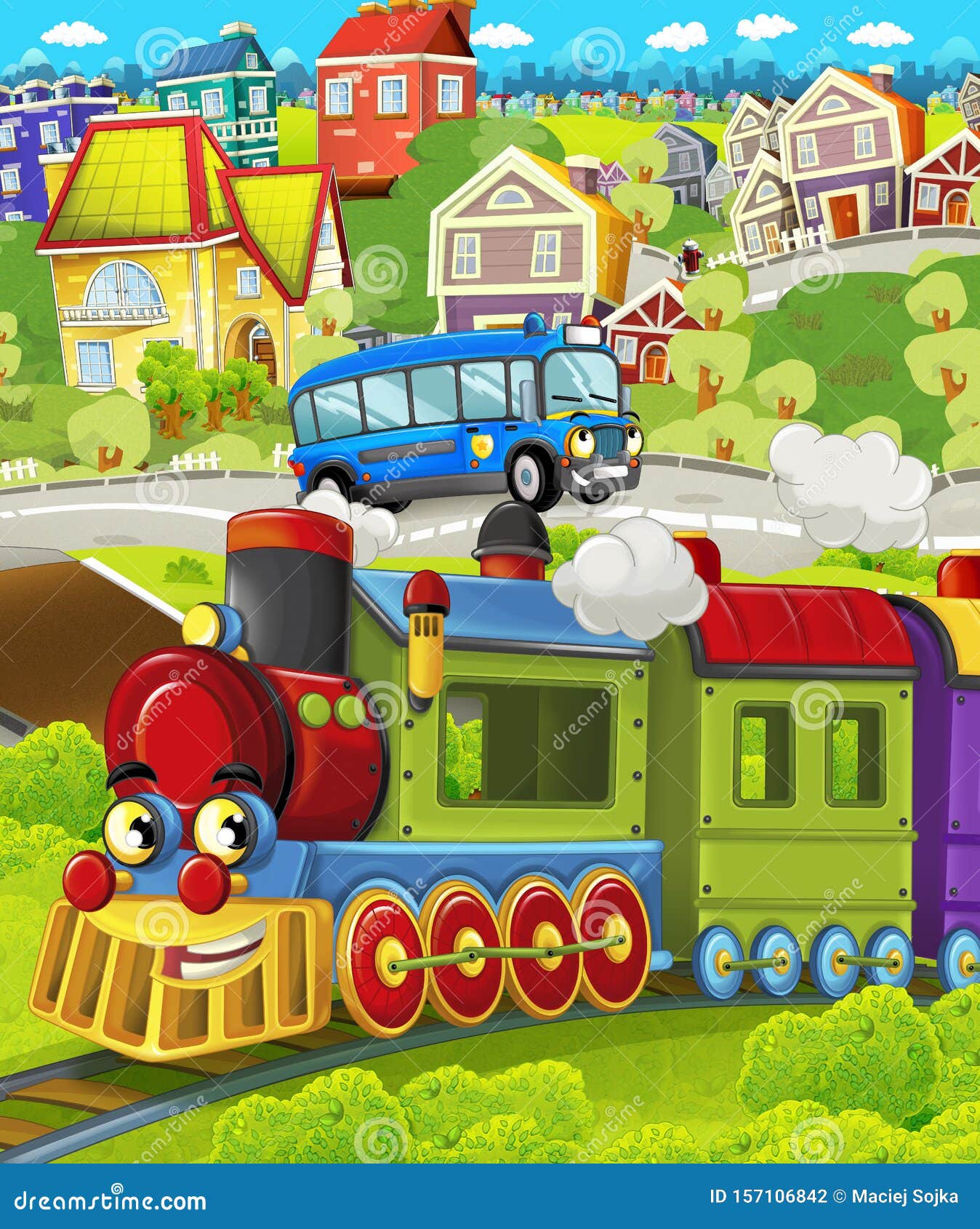 Cartoon Funny Looking Steam Train Locomotive Near the City with Cars and Plane Flying by - Illustration for Children Stock Photo - Image of city, beautiful: 157106842 Cartoon Funny Looking Steam Train Locomotive Near the City with Cars and Plane Flying by - Illustration for Children Stock Photo - Image of city, beautiful: 157106842