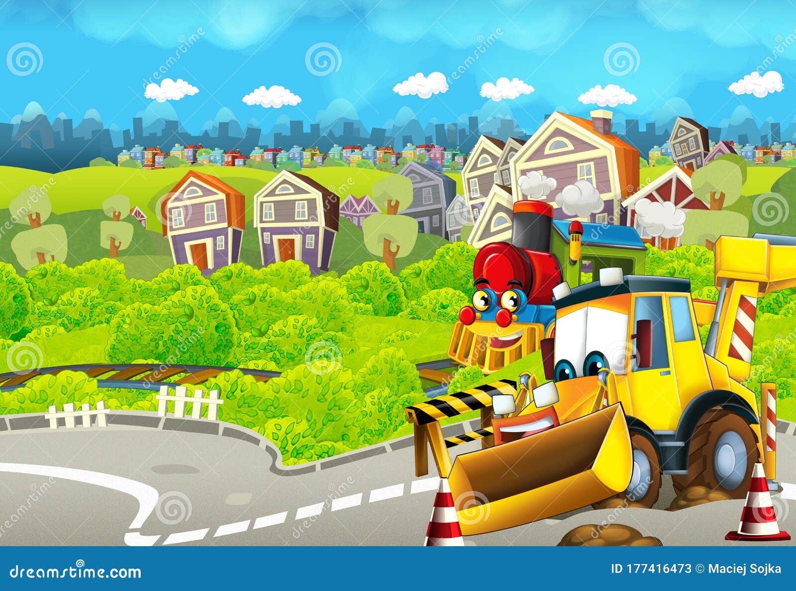 Cartoon Funny Looking Train on the Train Station Near the City and  Excavator Digger Car Driving and Plane Flying - Illustration Stock Image -  Image of playful, children: 177416473