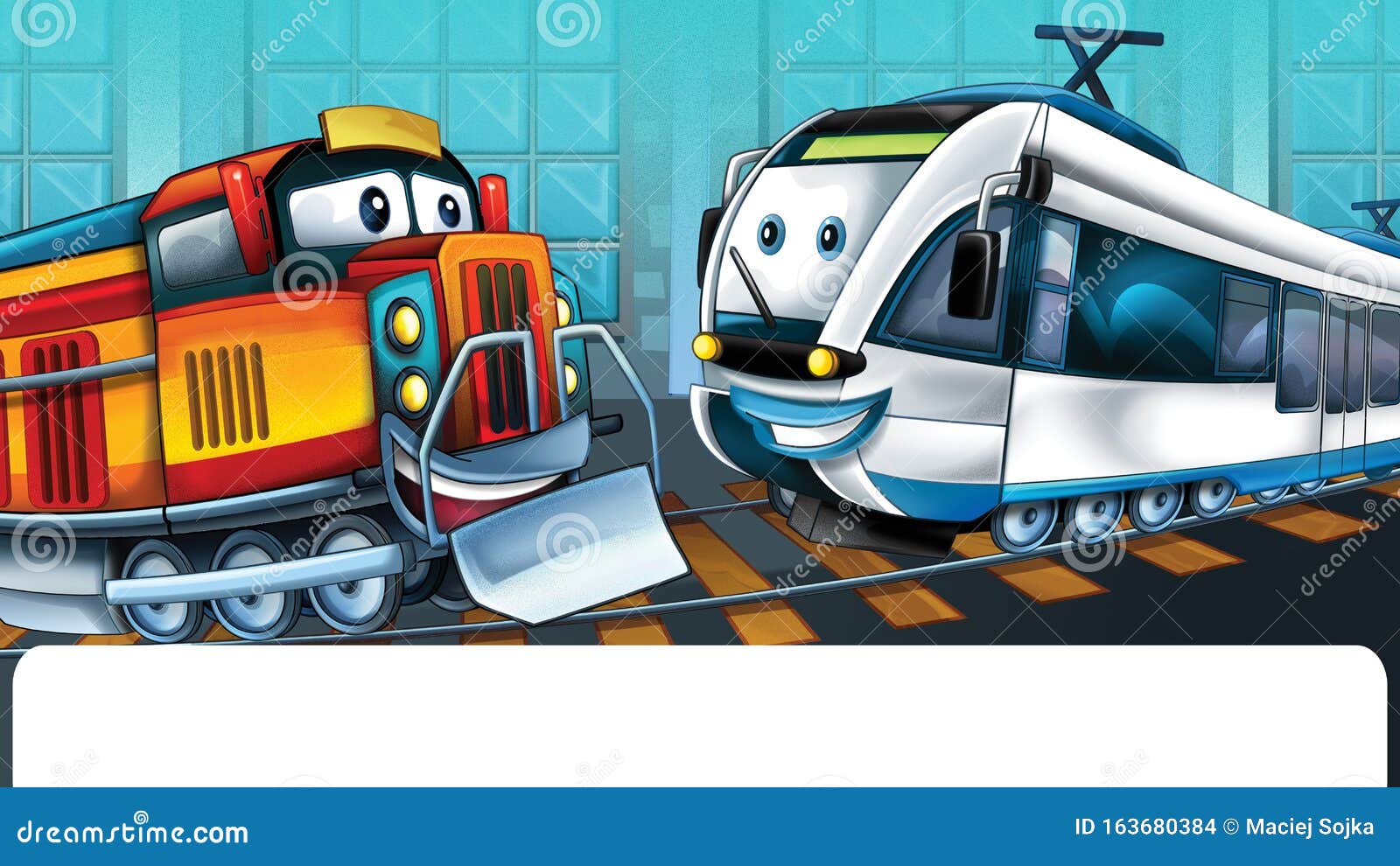 Cartoon Funny Looking Trains in Industrial Scenery Stock Illustration -  Illustration of locomotive, miniature: 163680384
