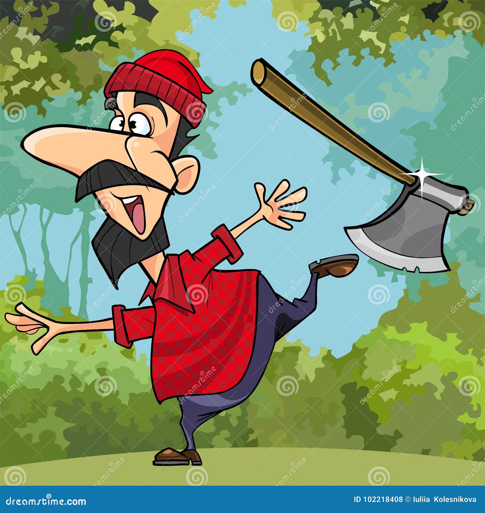 cartoon funny lumberjack throwing axe in the woods