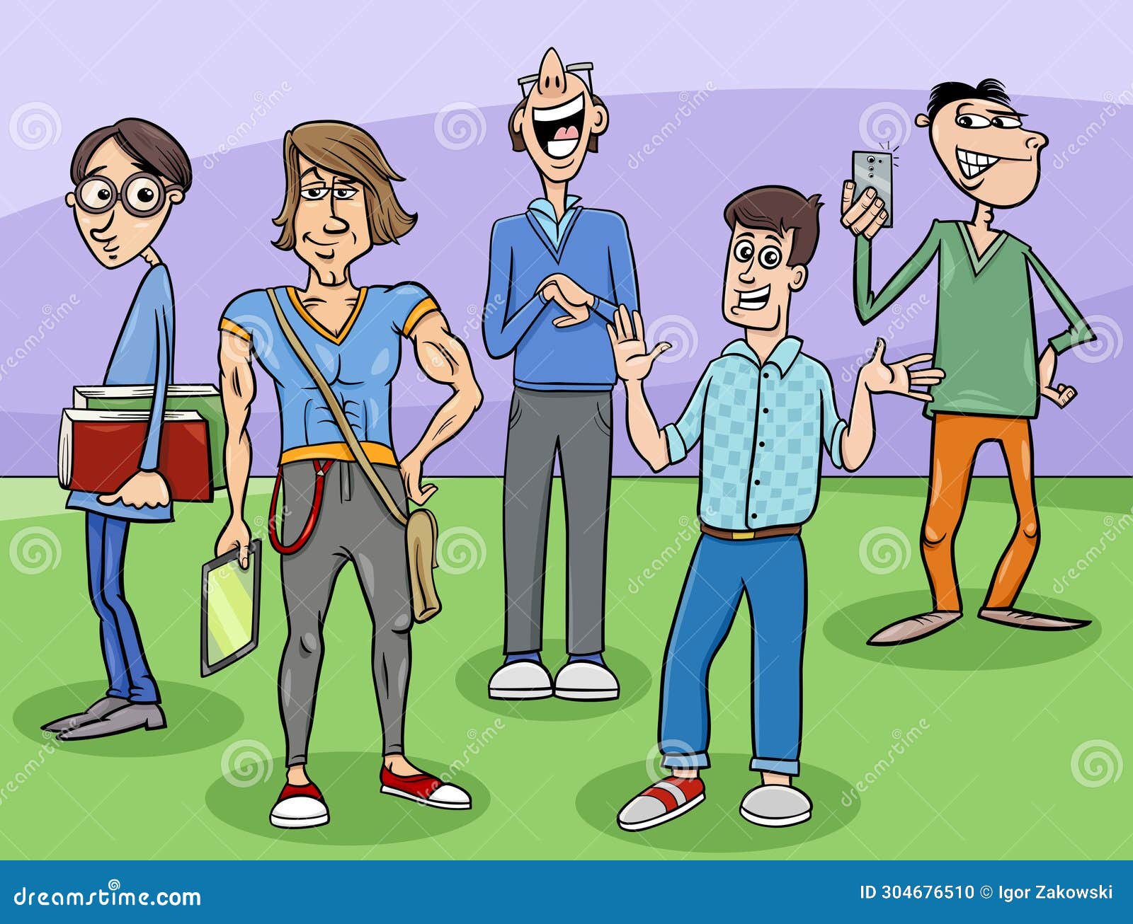 Cartoon Funny Young Men Comic Characters Group Stock Illustration