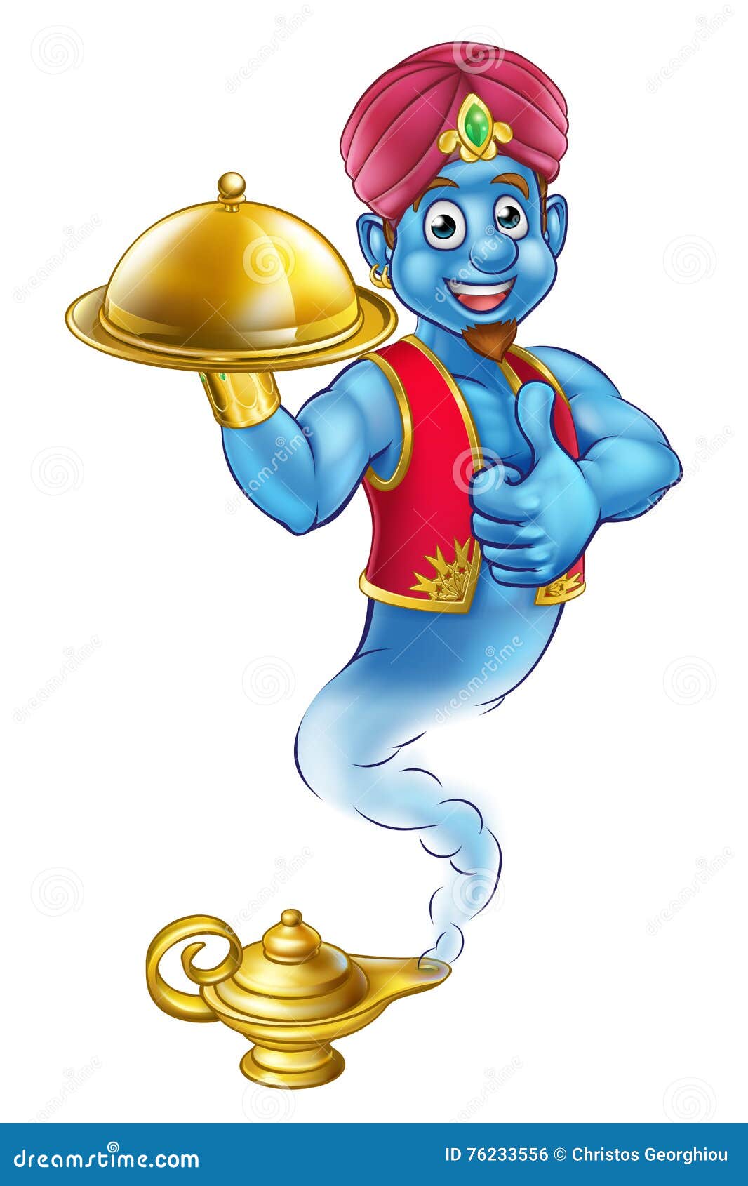 Cartoon Genie Character Magic Lamp Flat Vector Illustration Treasure